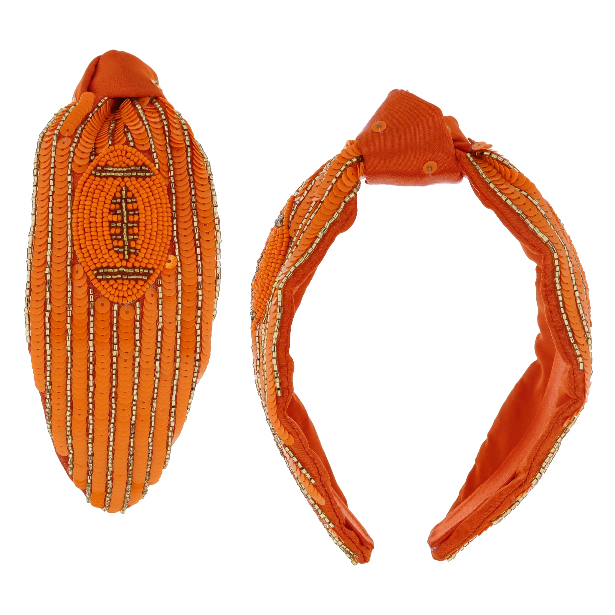 Orange Sequin & Gold Beaded Stripes with Orange & Gold Beaded Football on Knotted Orange Headband