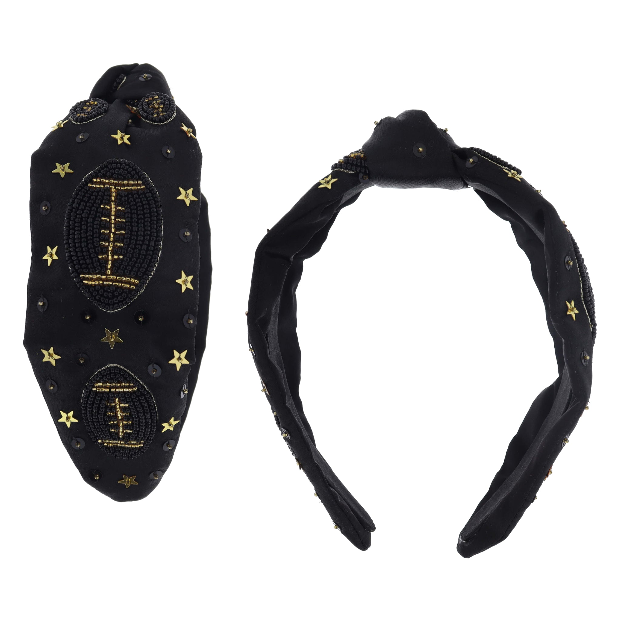 Gold Star and Black Sequins with Black and Gold Beaded Footballs on Knotted Black Headband