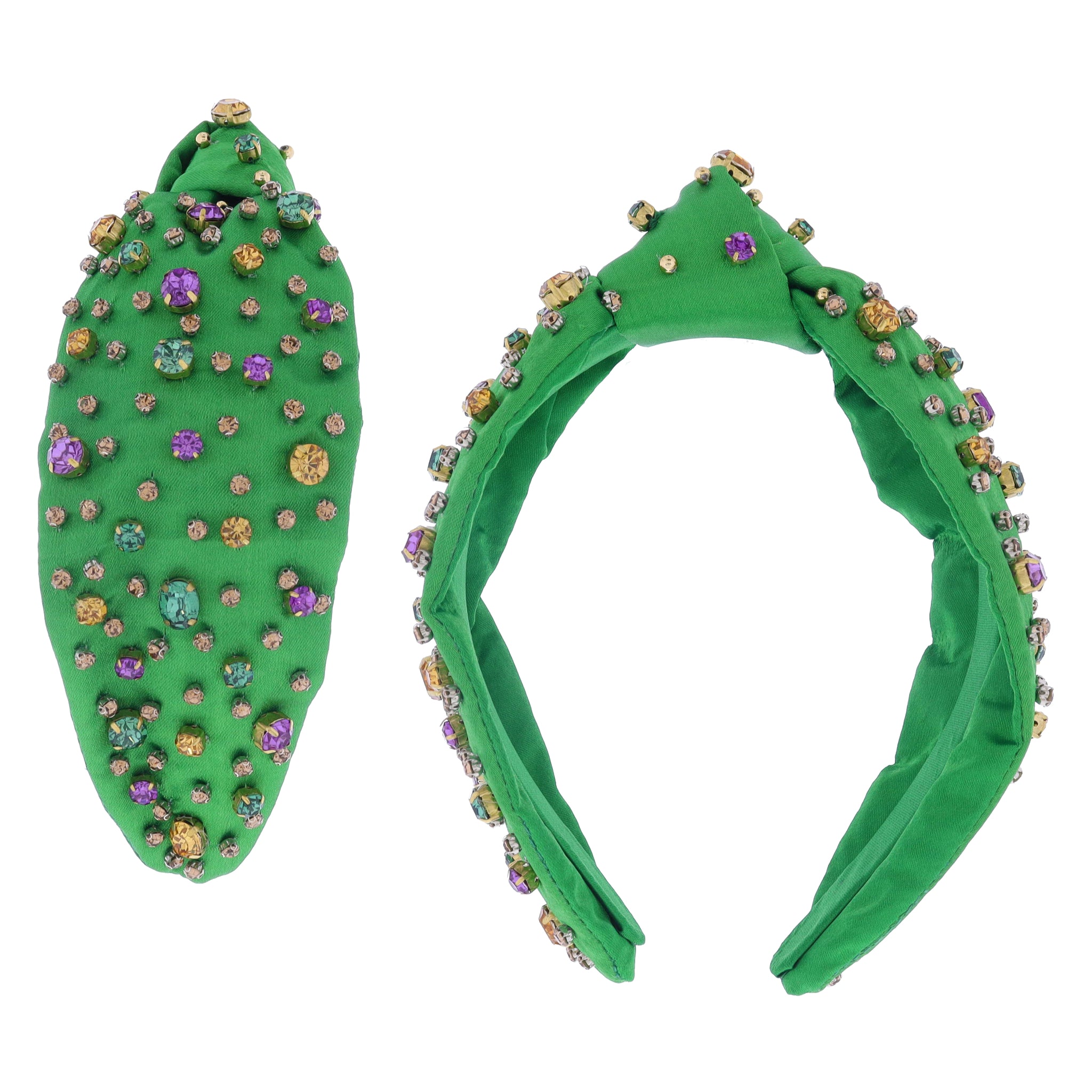 Multi Purple, Green, Gold, Champagne Crystals on Green Knotted Headband