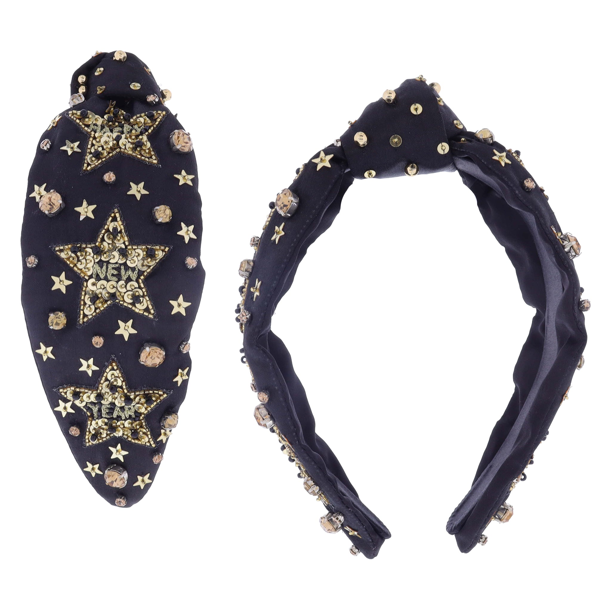 Black & Gold Sequin & "HAPPY NEW YEAR" Stars with Gold Crystals & Stars on Black Knotted Headband