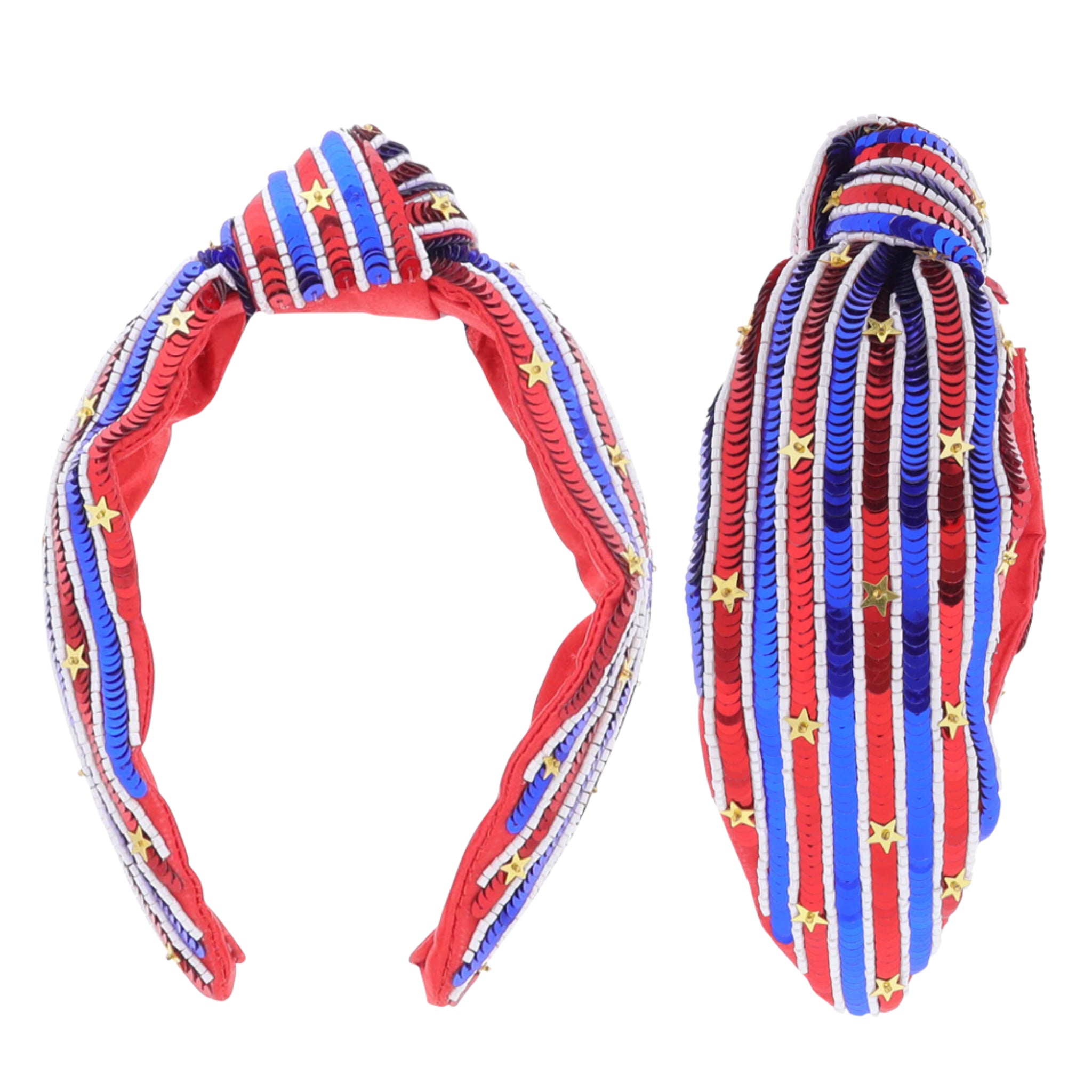 Red, White, Blue & Gold Striped Sequin with Gold Stars Headband