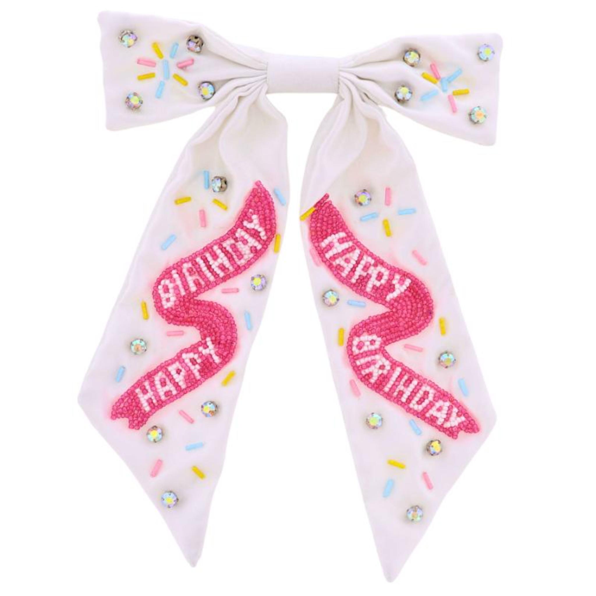 White Satin Beaded Hair Bow with "Happy Birthday" Sprinkles