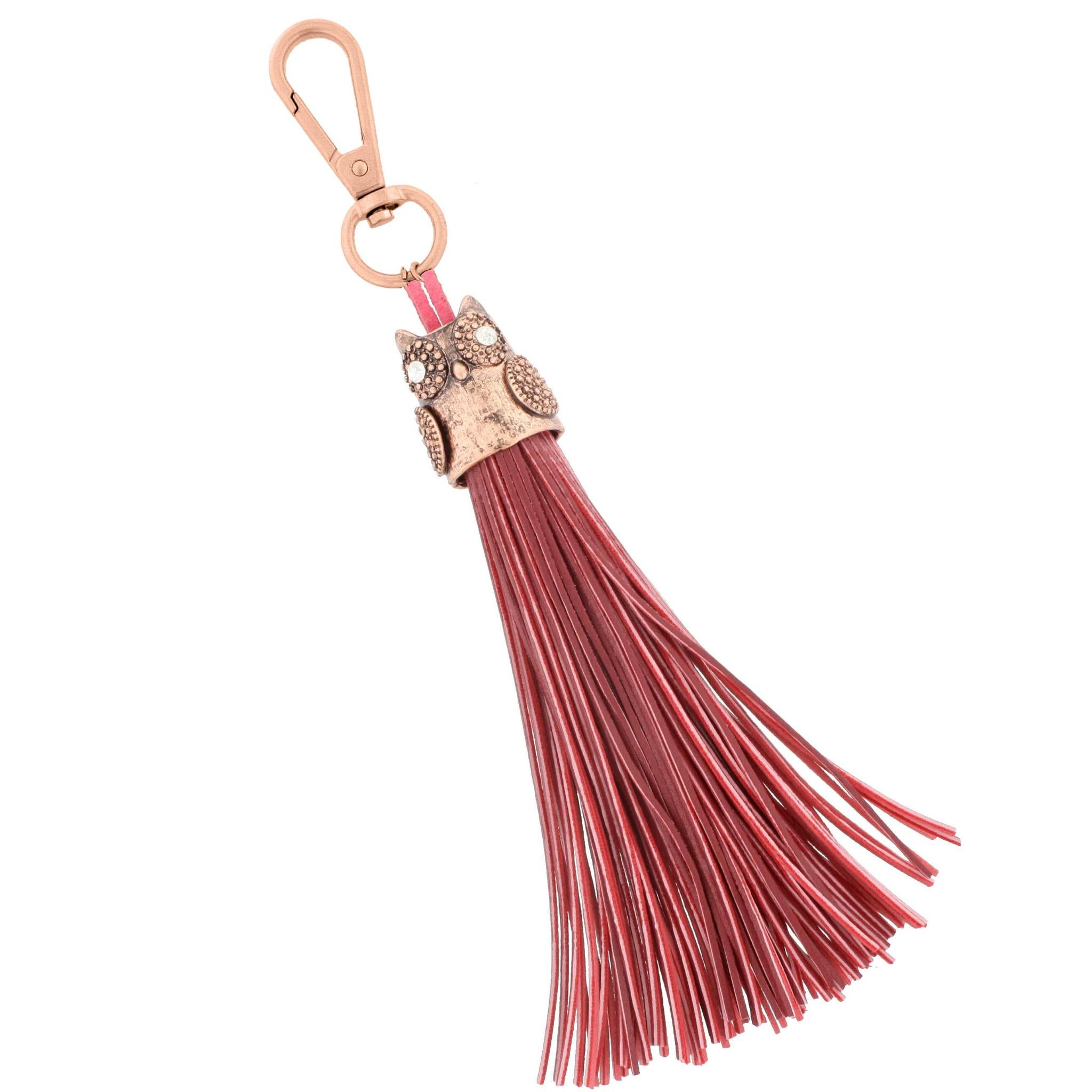 8" Copper Owl Icon Capped Red Leather Tassel Keychain