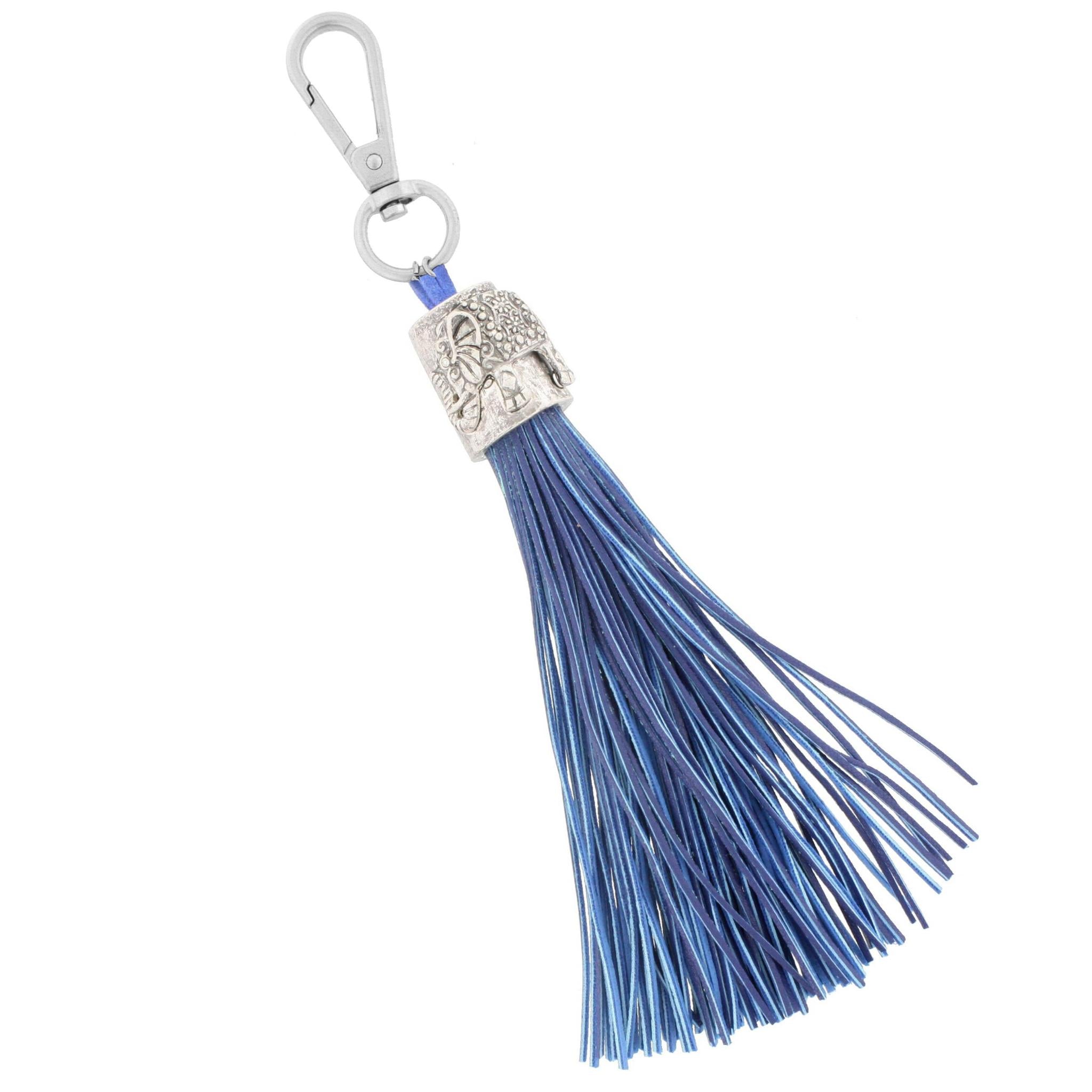 8" Silver Elephant Icon Capped Navy Leather Tassel Keychain