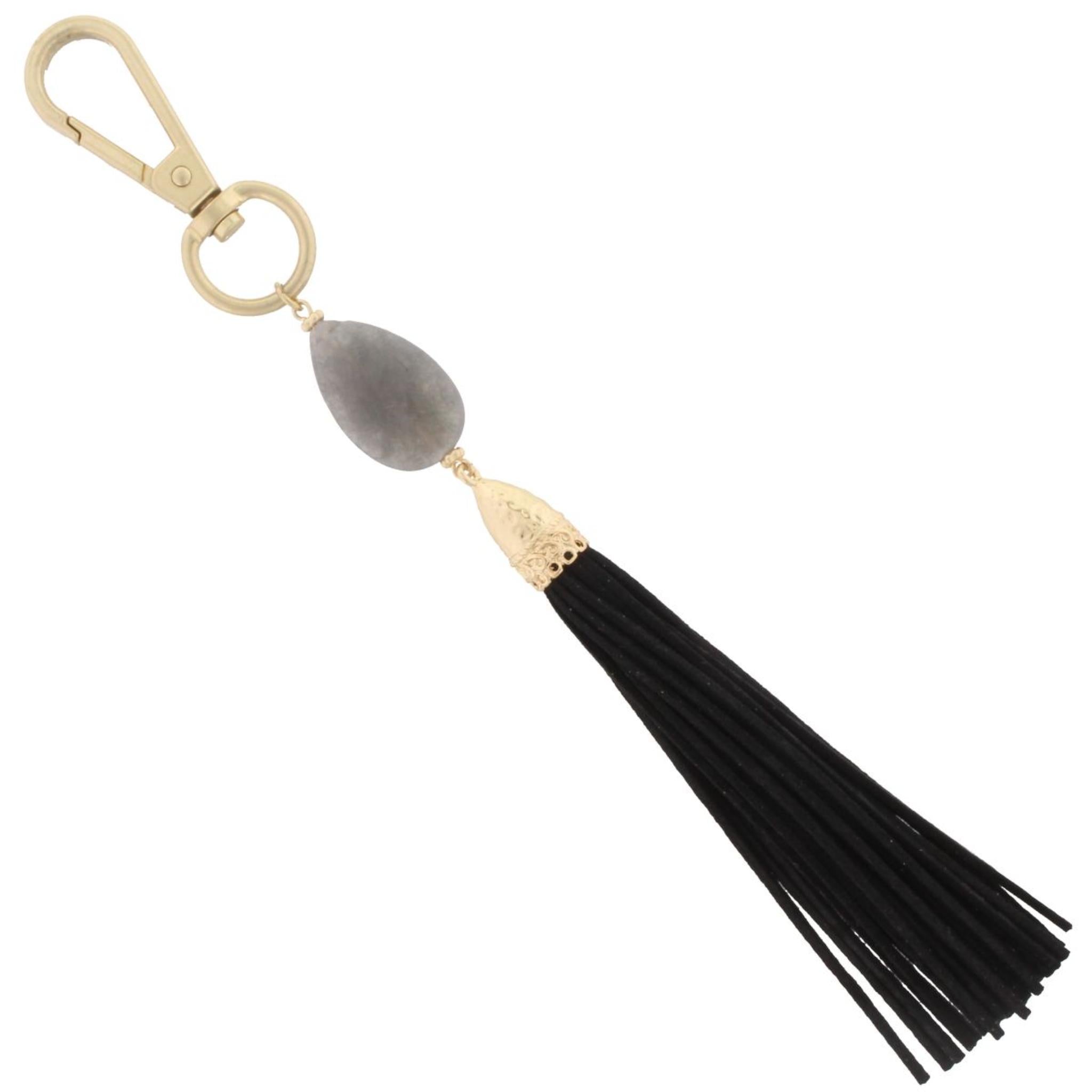 7" Grey Stone with Black Leather Tassel Keychain