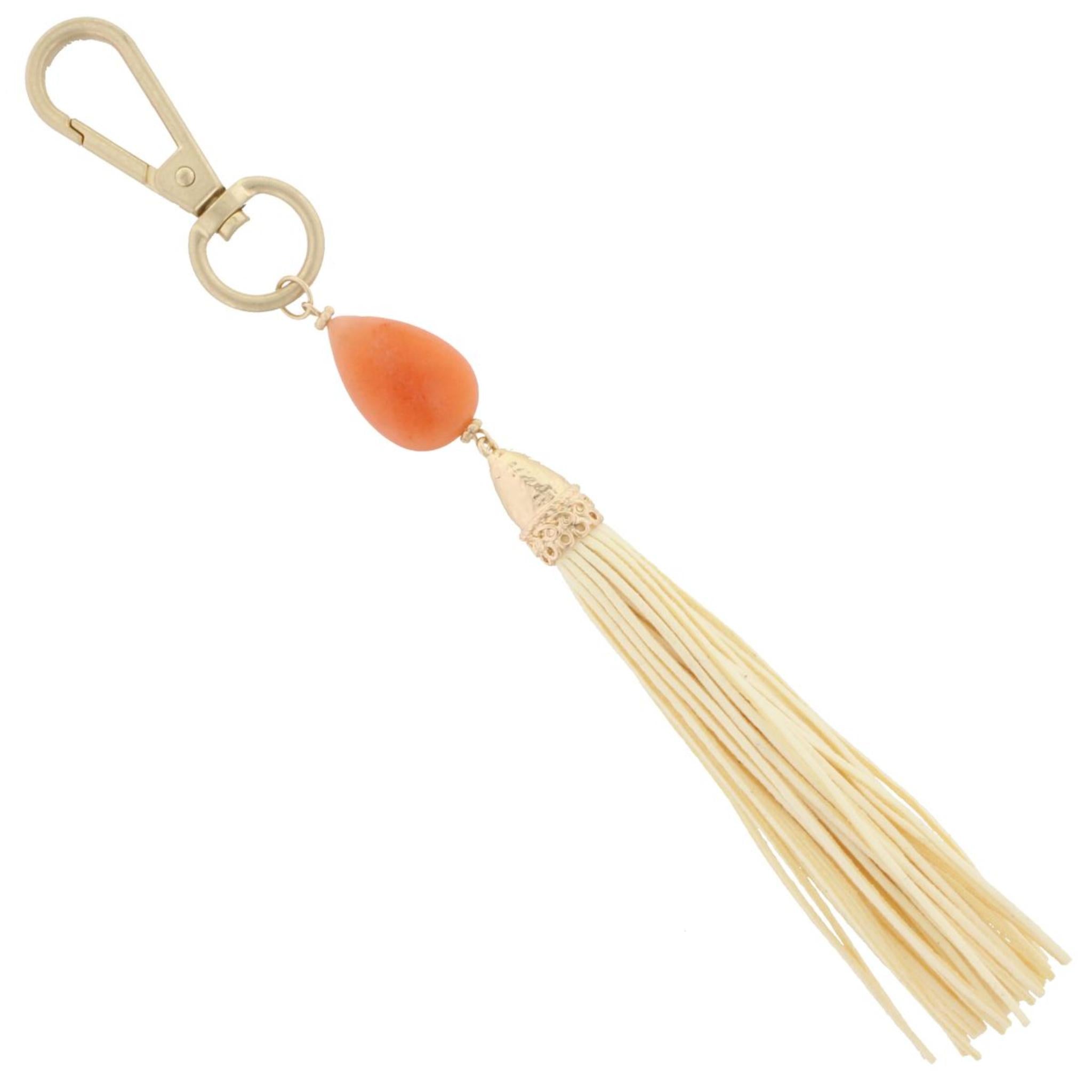 7" Peach Teardrop Stone with Ivory Leather Tassel Keychain