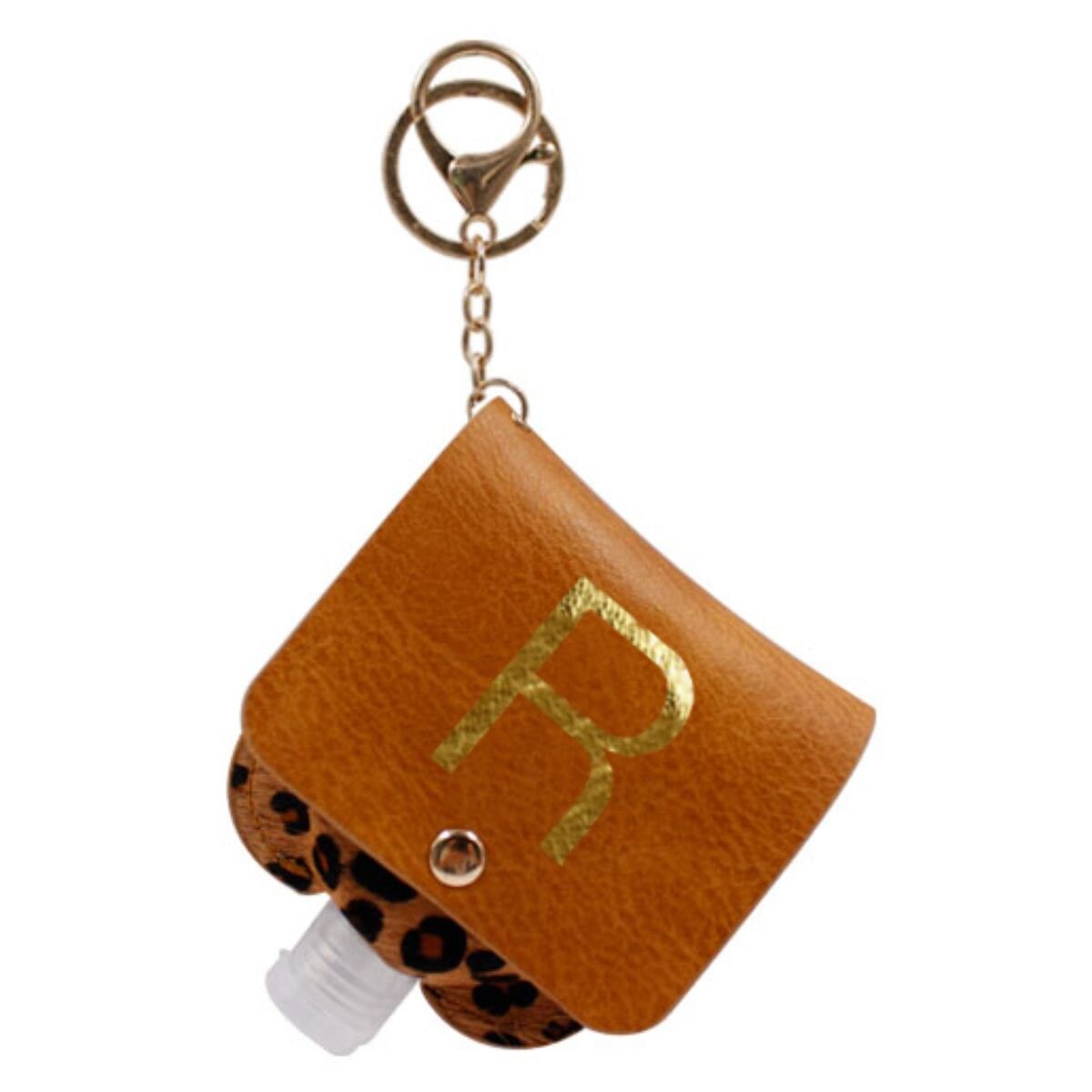 Gold "R" with Leopard Furon Hand Sanitizer Holder Keychain