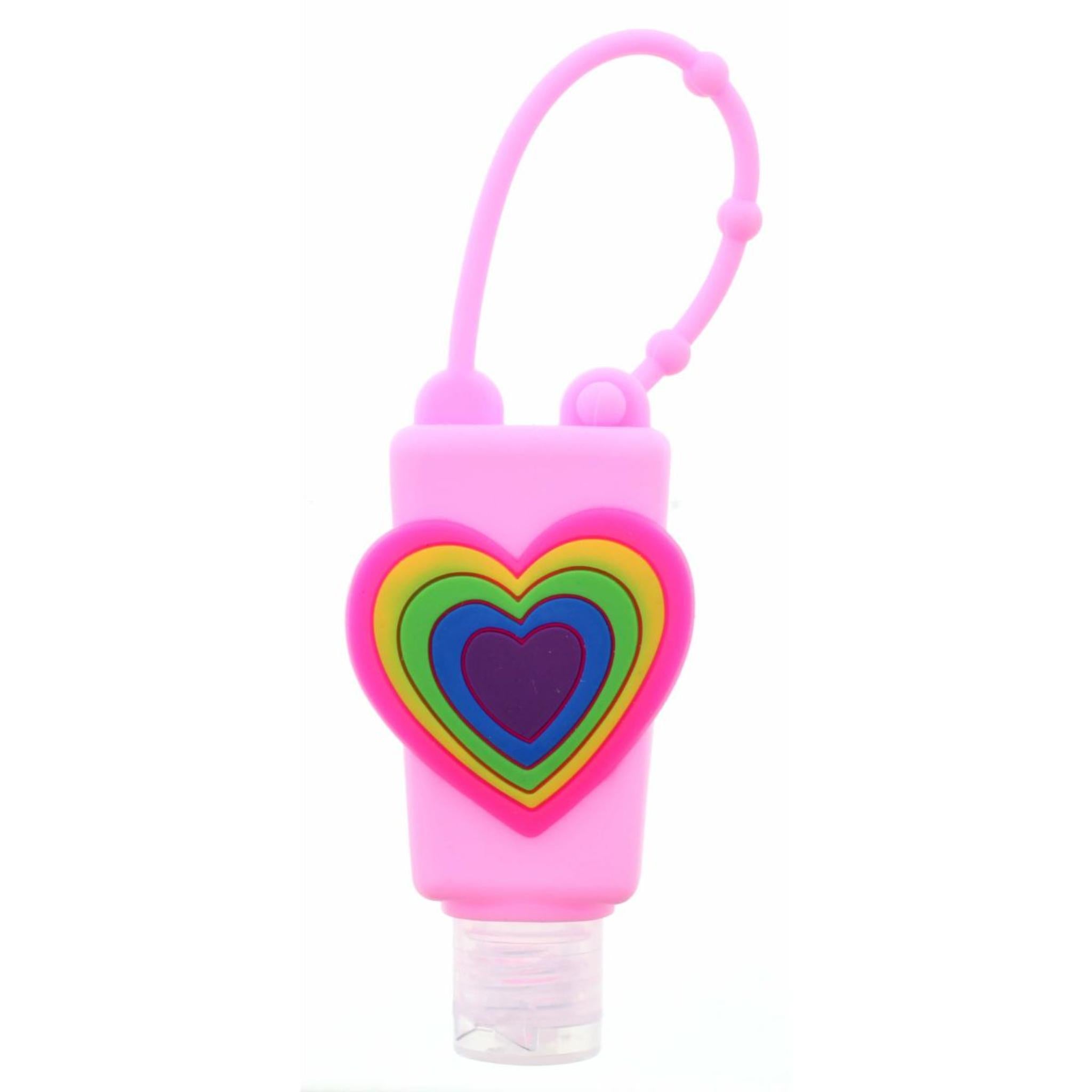 Pink Silicone with Rainbow Heart Hand Sanitizer Holder with Fillable Bottle Keychain