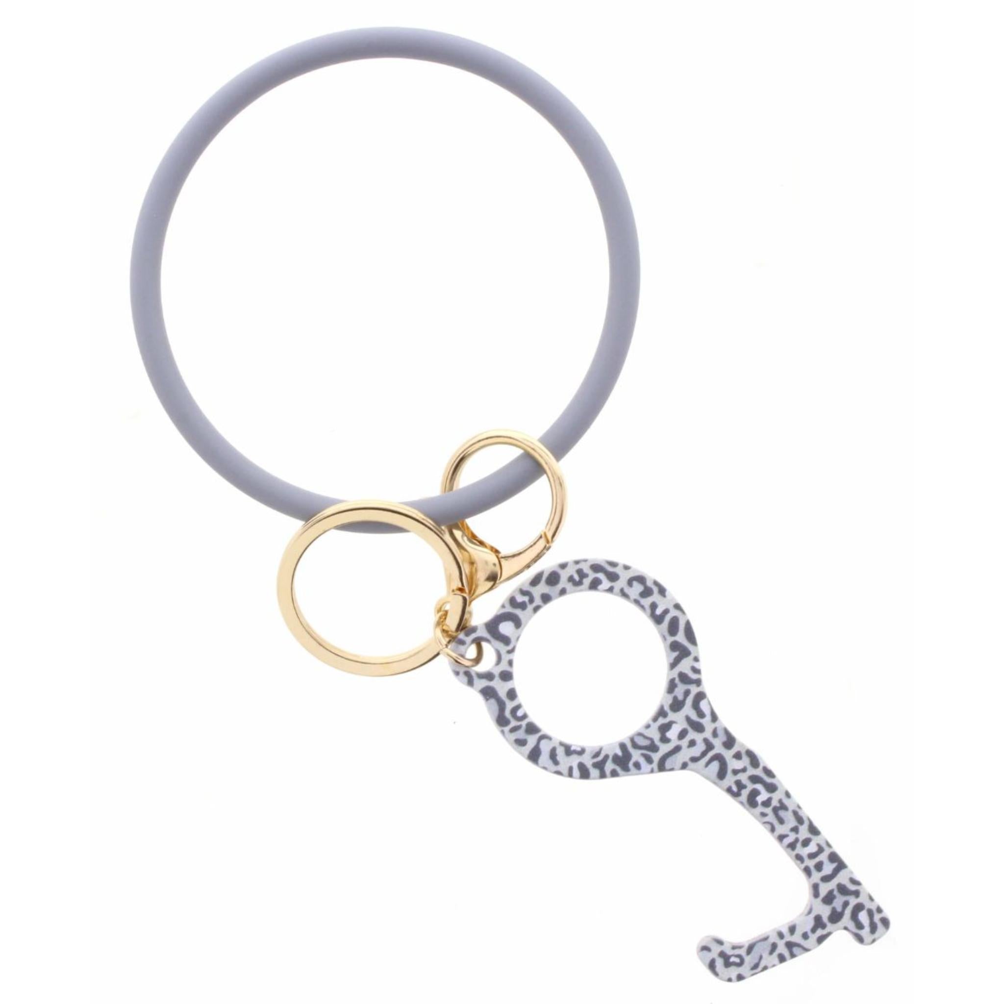 Grey Coated Metal Bangle with Grey Leopard Print Touchless Key Keychain