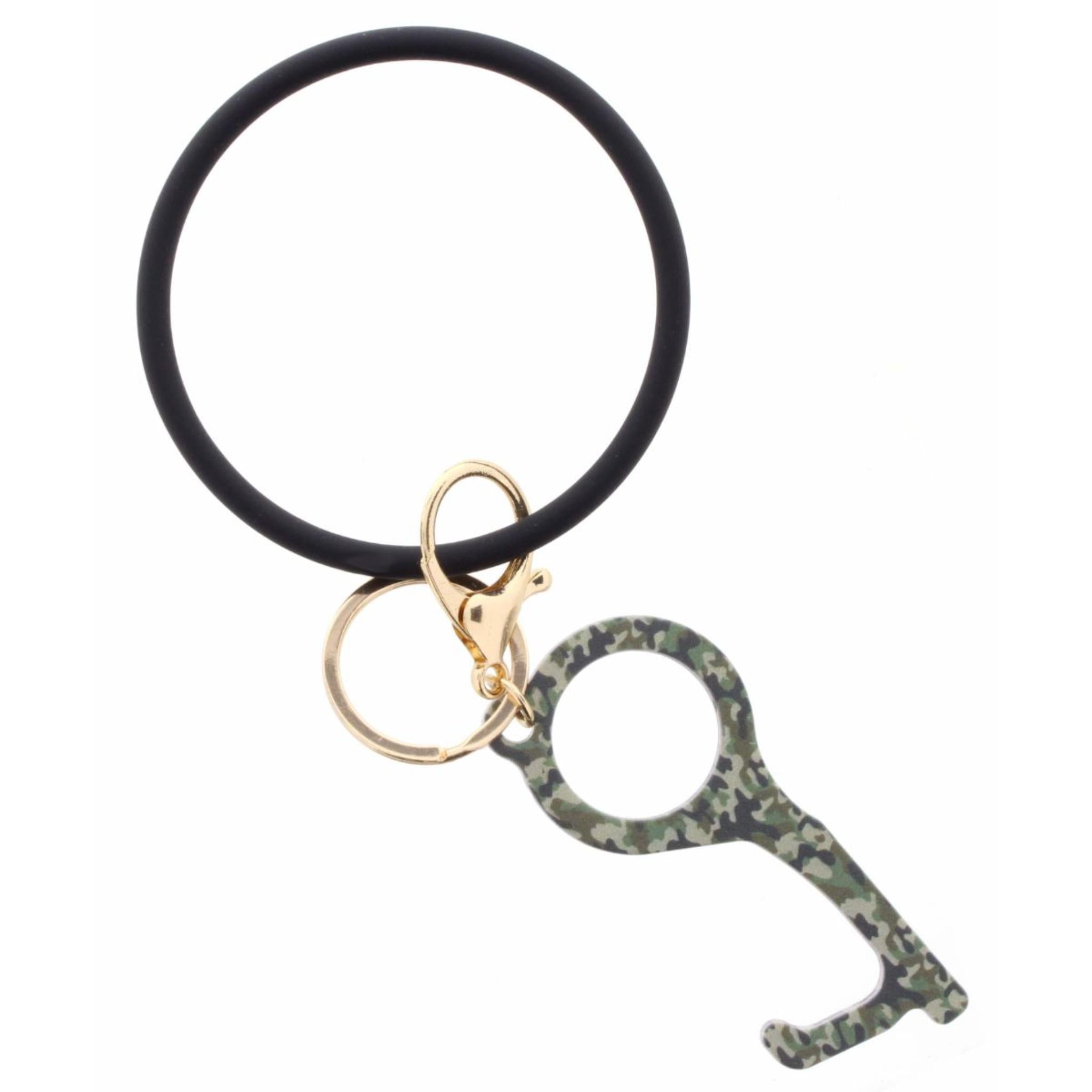 Jet Coated Metal Bangle with Camo Print Touchless Key Keychain