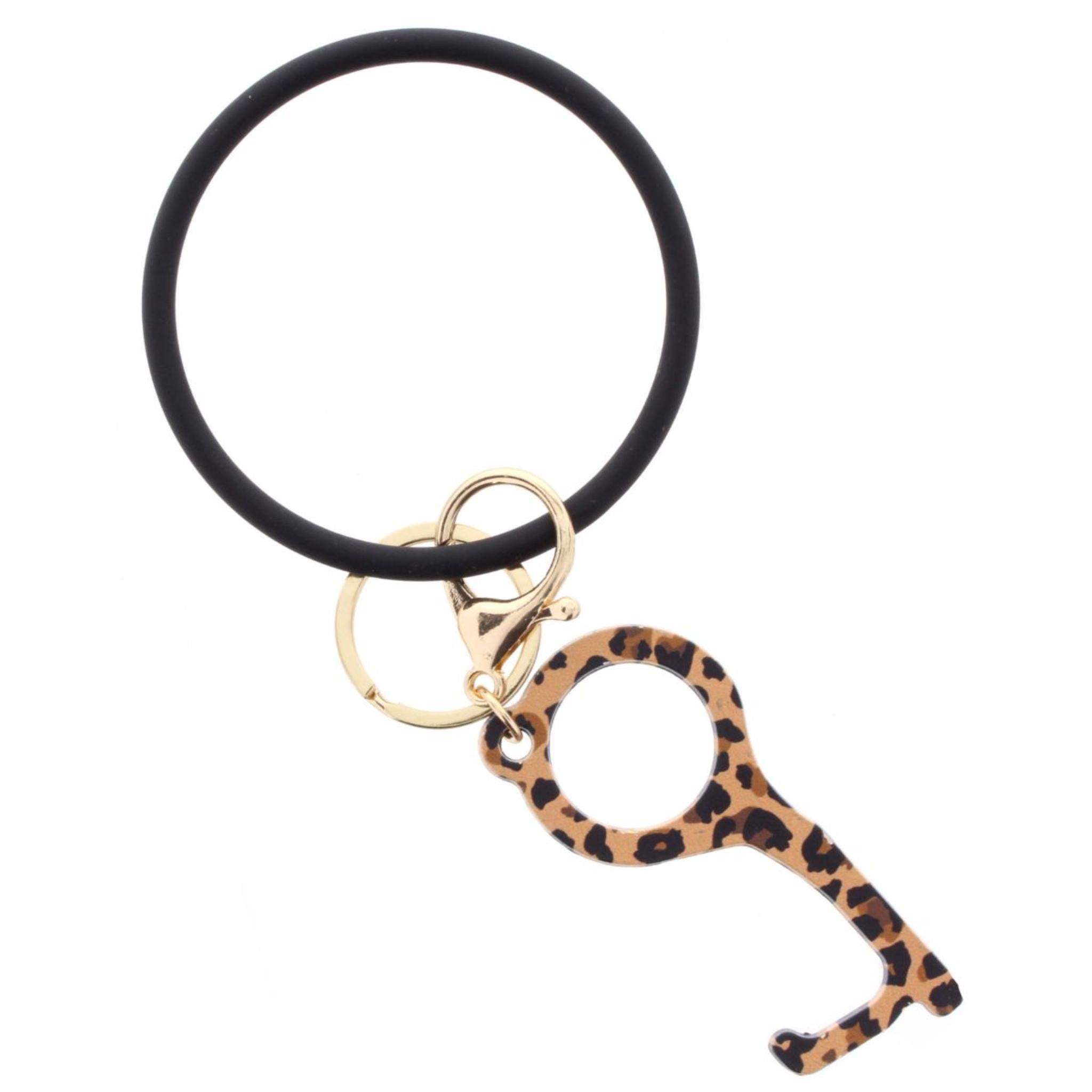 Jet Coated Metal Bangle with Leopard Touchless Key Keychain