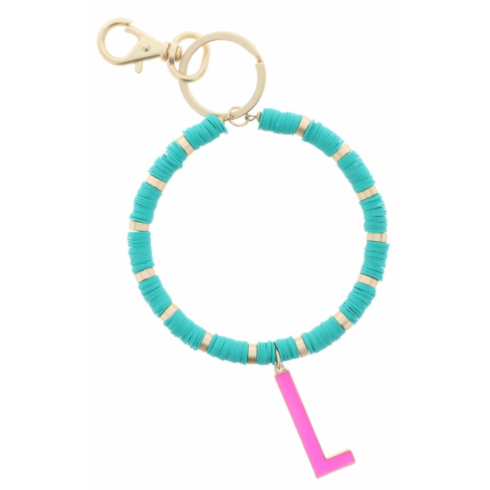 Hot Pink "L" Initial with Turquoise and Gold Sequin Discs Keychain