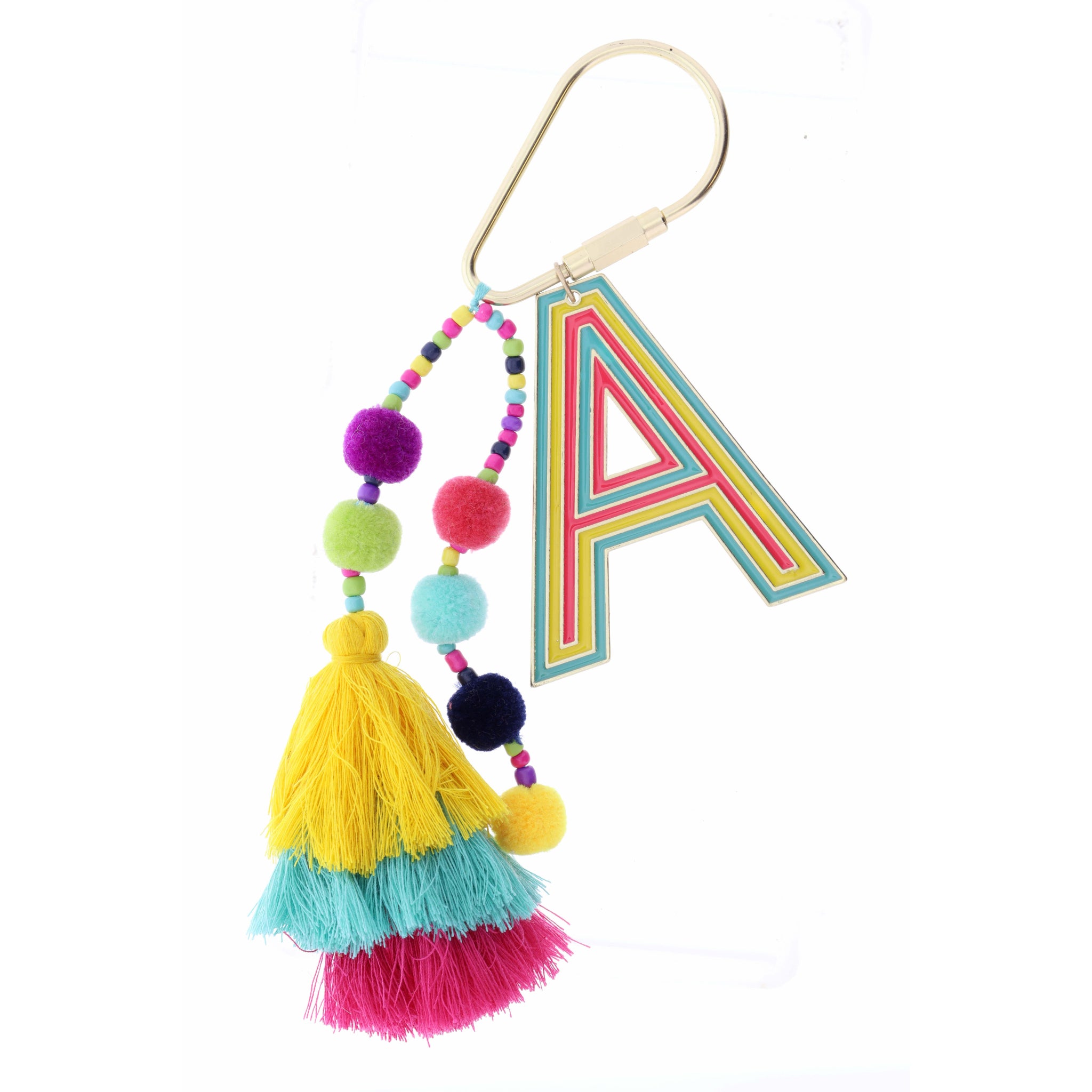 Enamel "A" with Multi Beaded Strands, Poms, Stacked Tassel Keychain