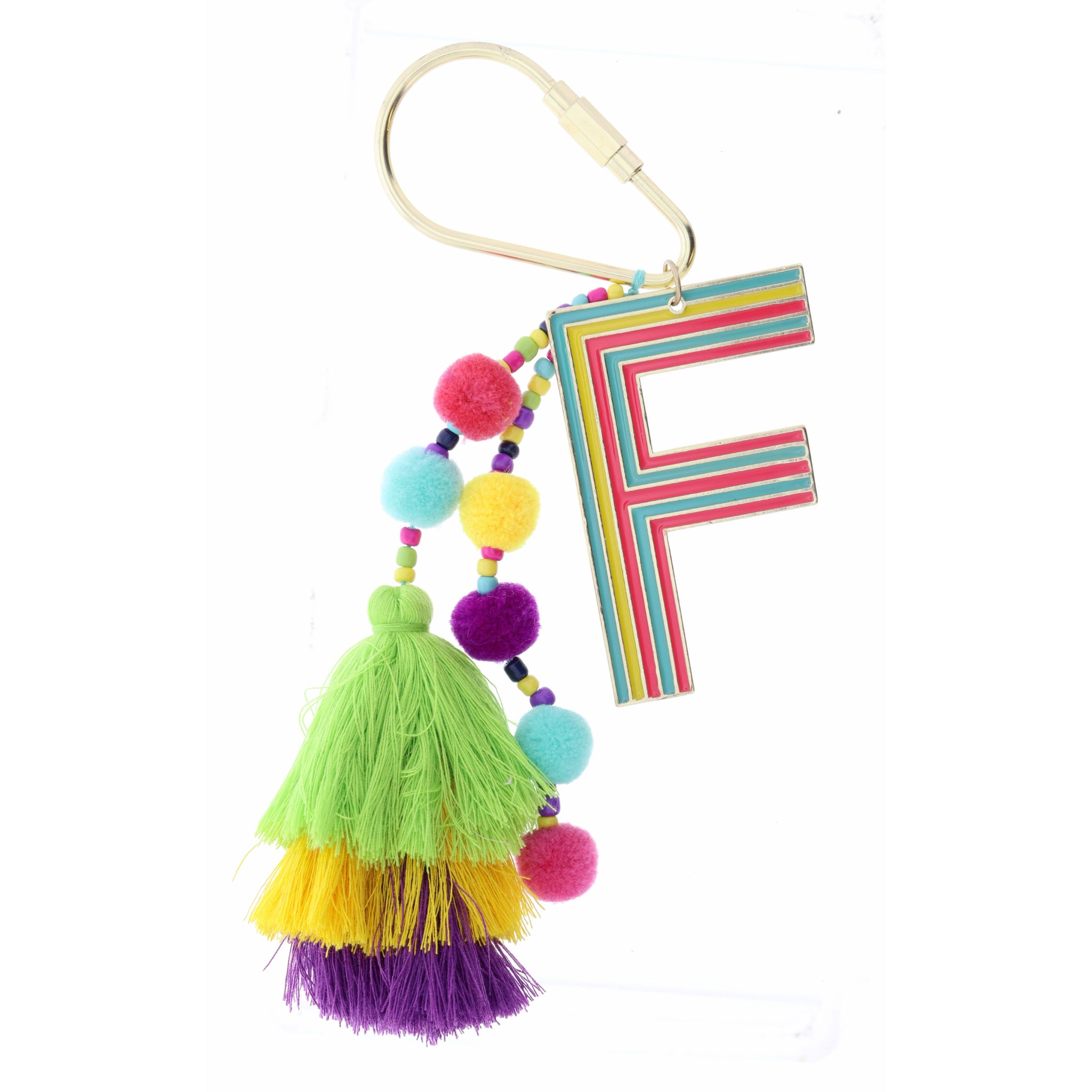 Enamel "F" with Multi Beaded Strands, Poms, Stacked Tassel Keychain
