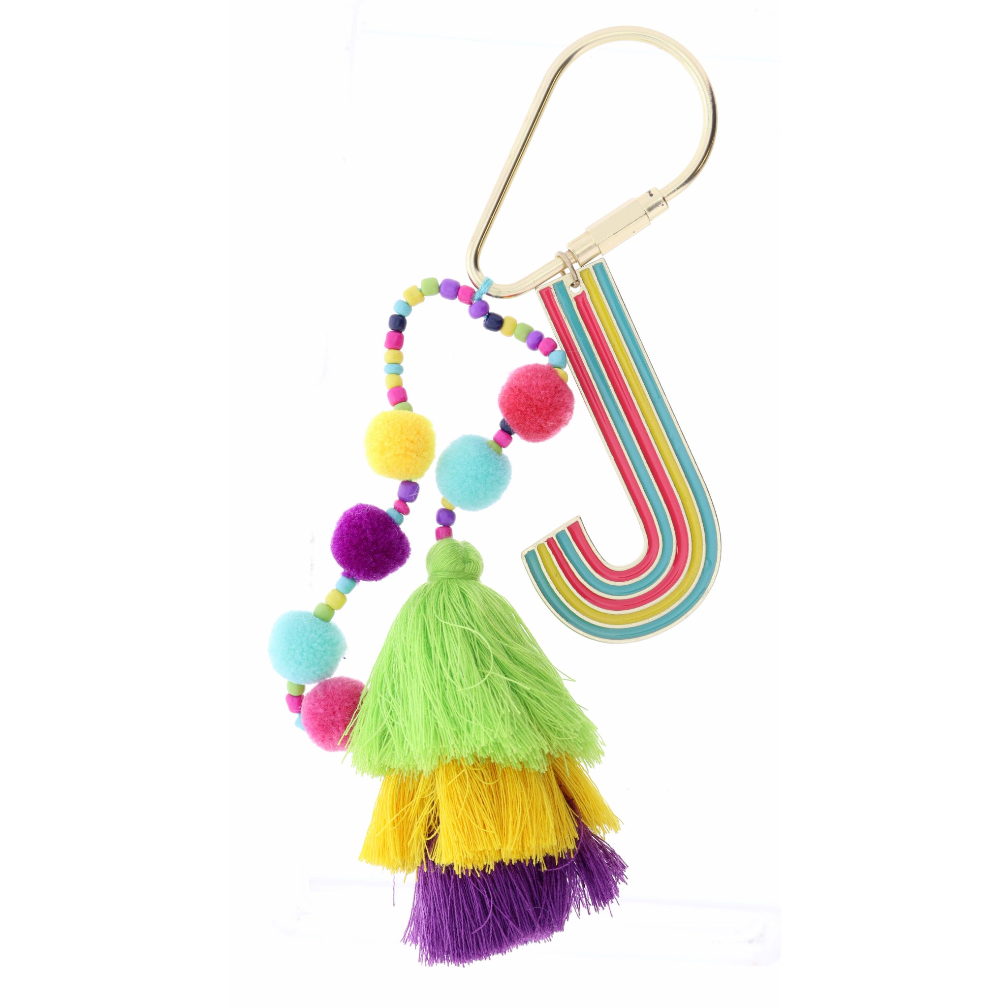 Enamel "J" with Multi Beaded Strands, Poms, Stacked Tassel Keychain