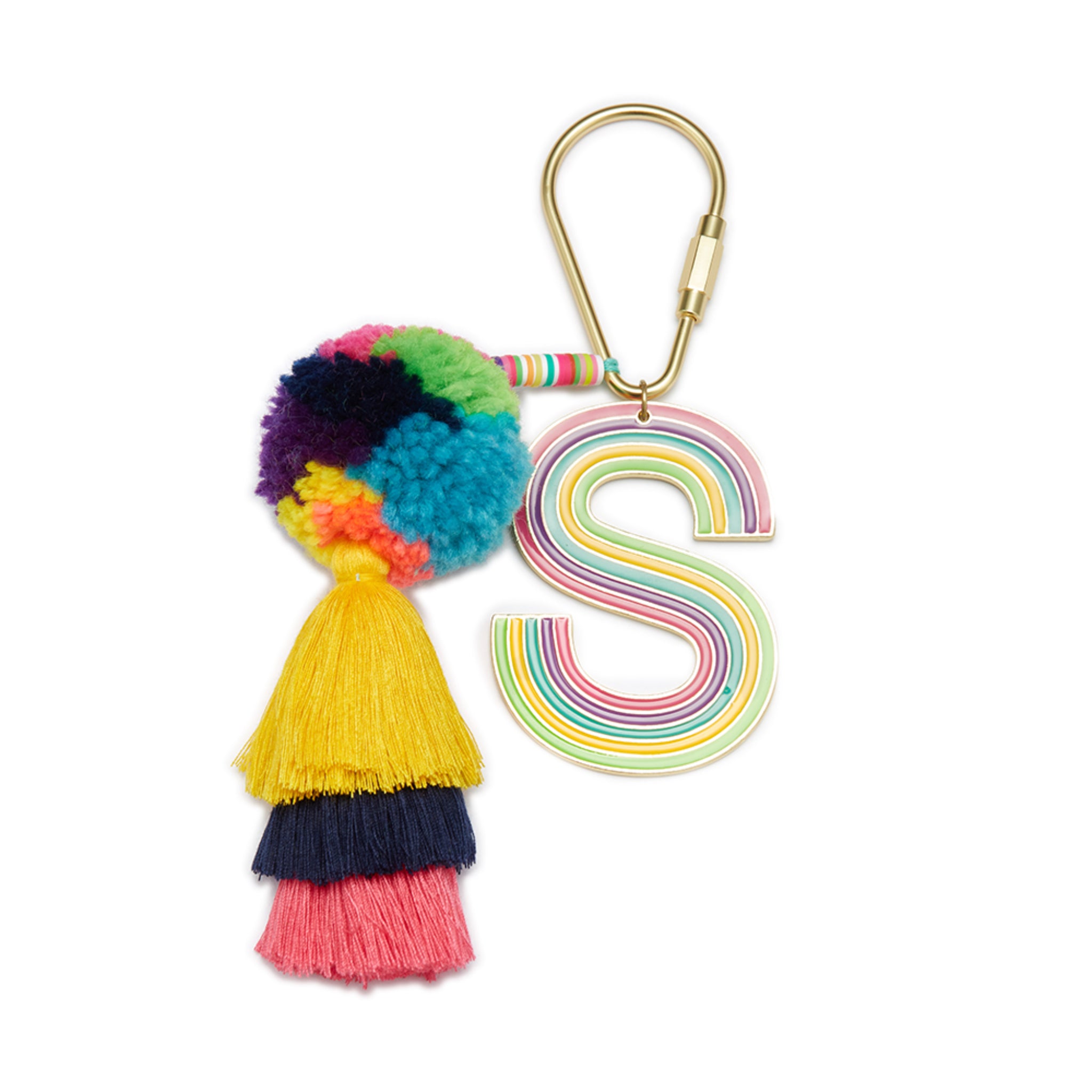 Enamel "S" with Multi Rubber Disk with Multi Large Pom & Stacked Tassel Keychain