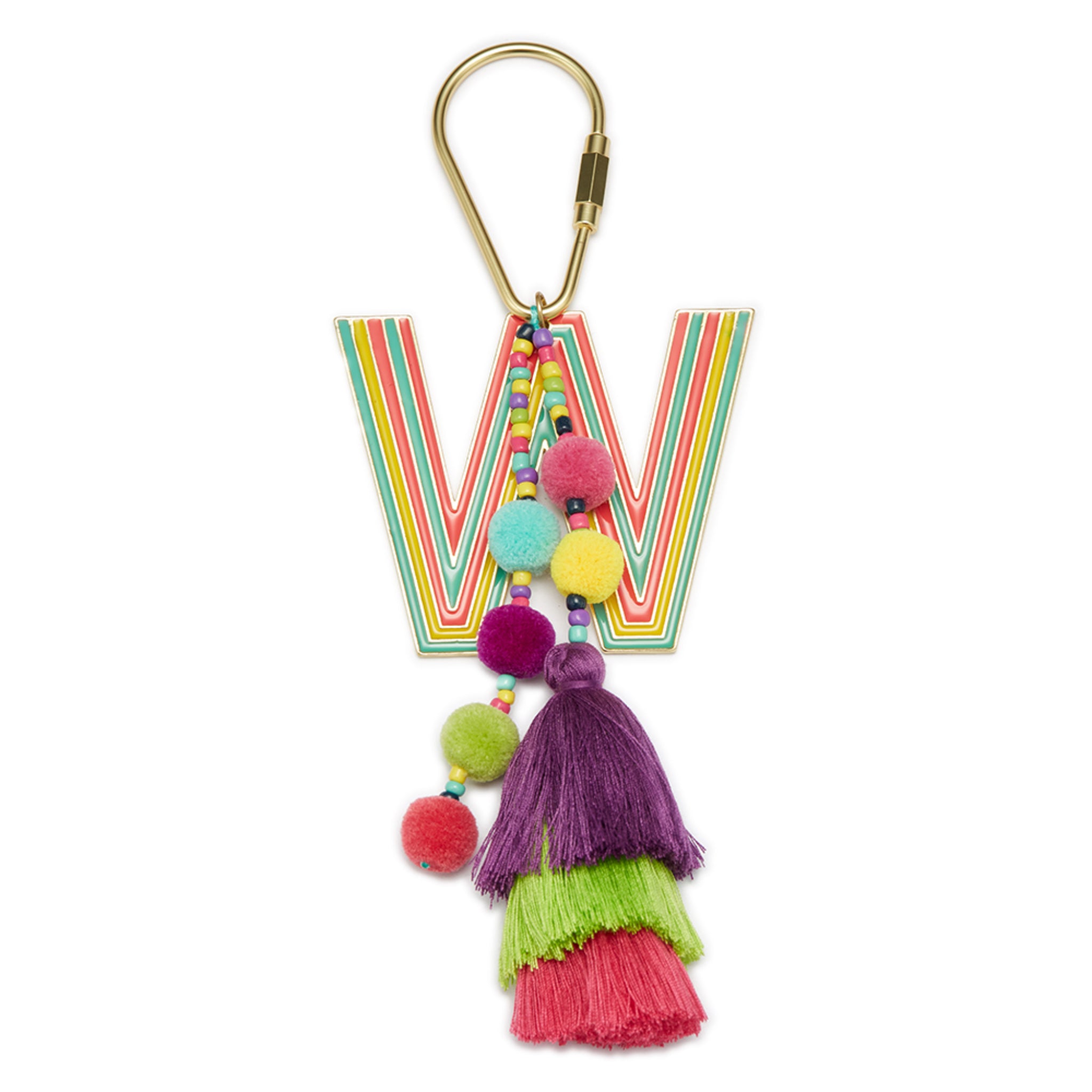 Enamel "W" with Multi Beaded Strands, Pom, Stacked Tassel Keychain