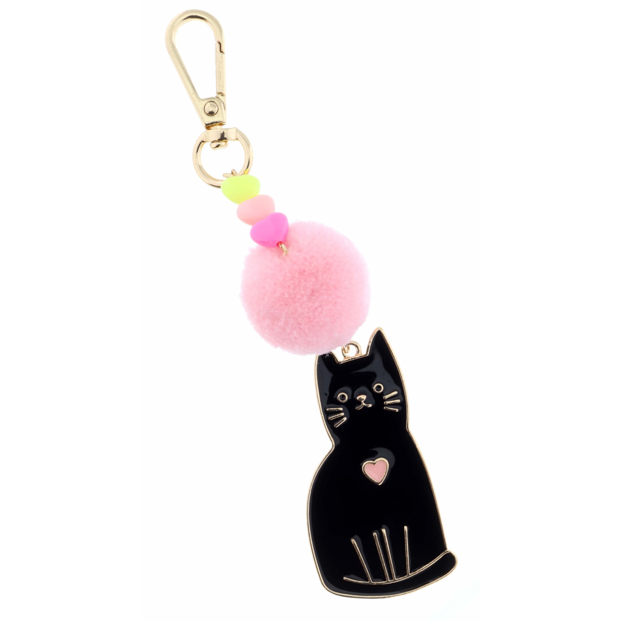 Kids Multi Heart Beads, Pink Pom, Black Enamel Cat with Pink Heart Keychain