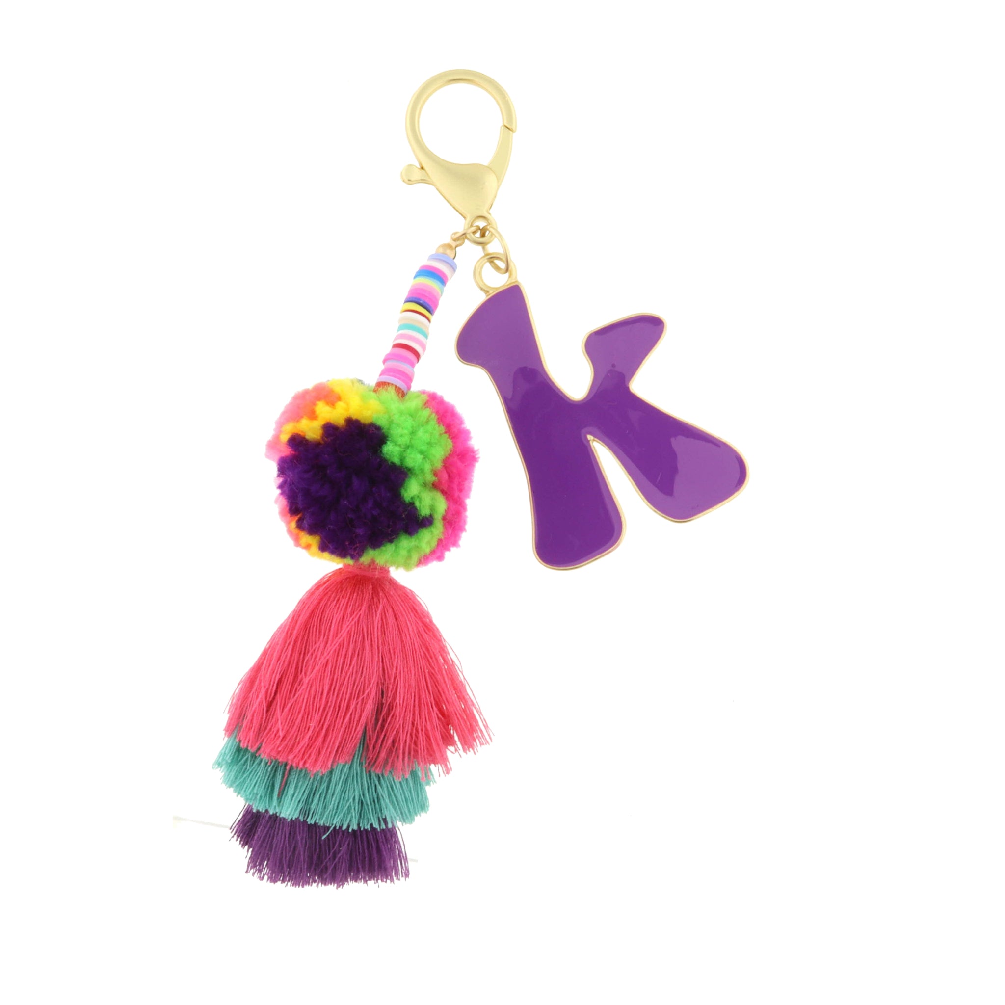 Enamel Purple "K" with Multi Rubber Sequins, Pom, Stacked Tassel Keychain