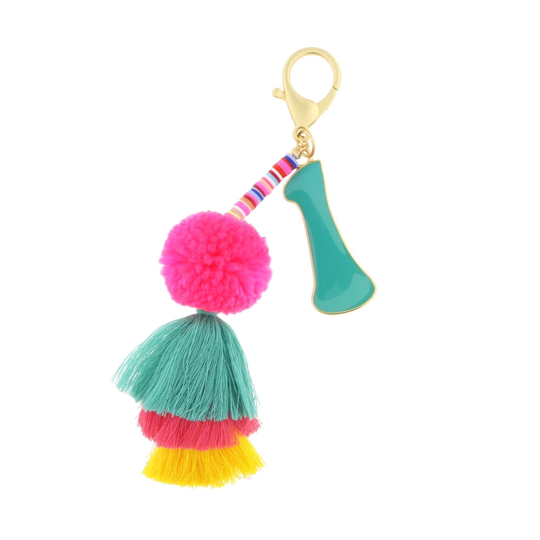 Enamel Teal "L" with Multi Rubber Sequins, Pom, Stacked Tassel Keychain