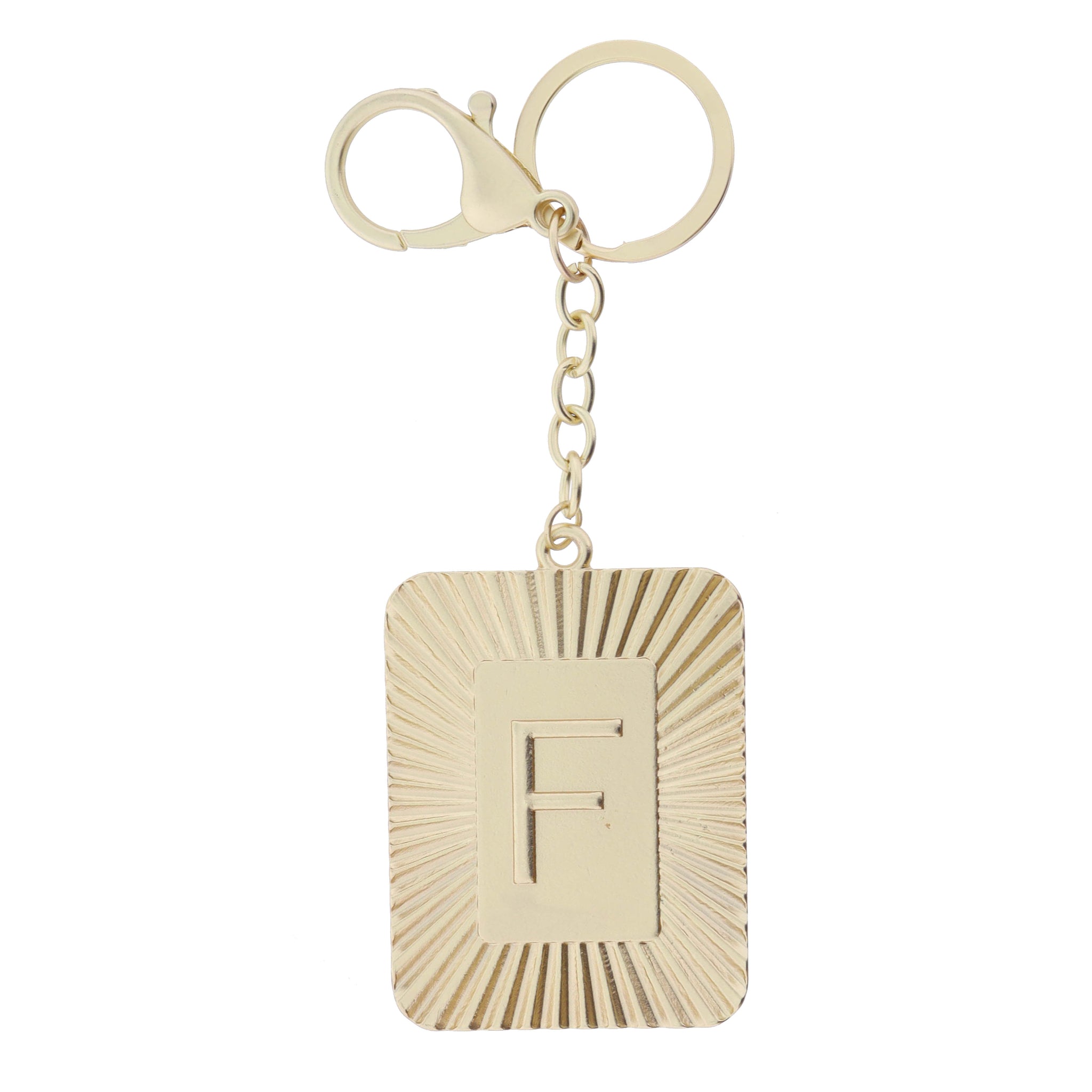 Gold Sunburst Textured Rectangle with "F" Initial Center Plate Keychain