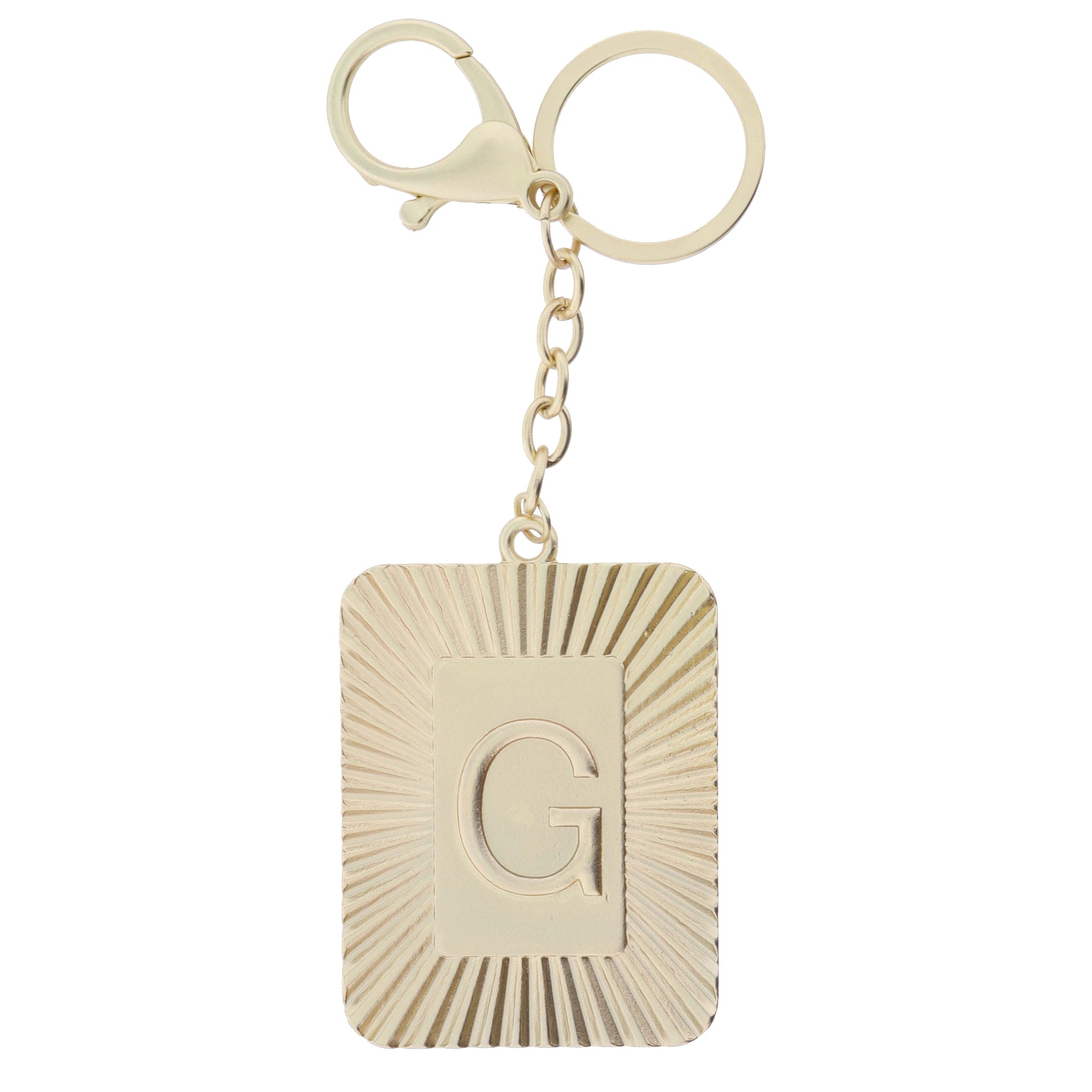 Gold Sunburst Textured Rectangle with "G" Initial Center Plate Keychain