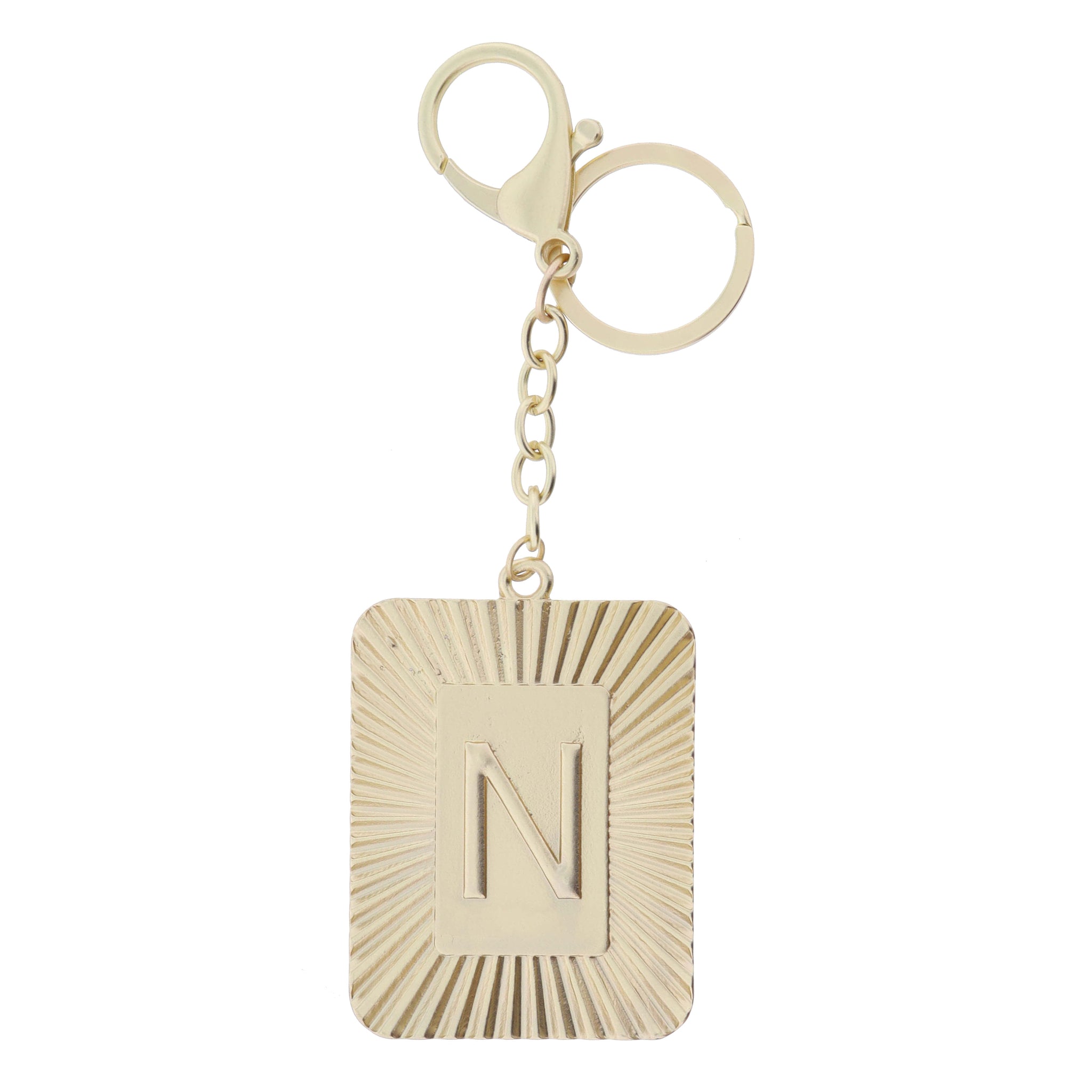 Gold Sunburst Textured Rectangle with "N" Initial Center Plate Keychain