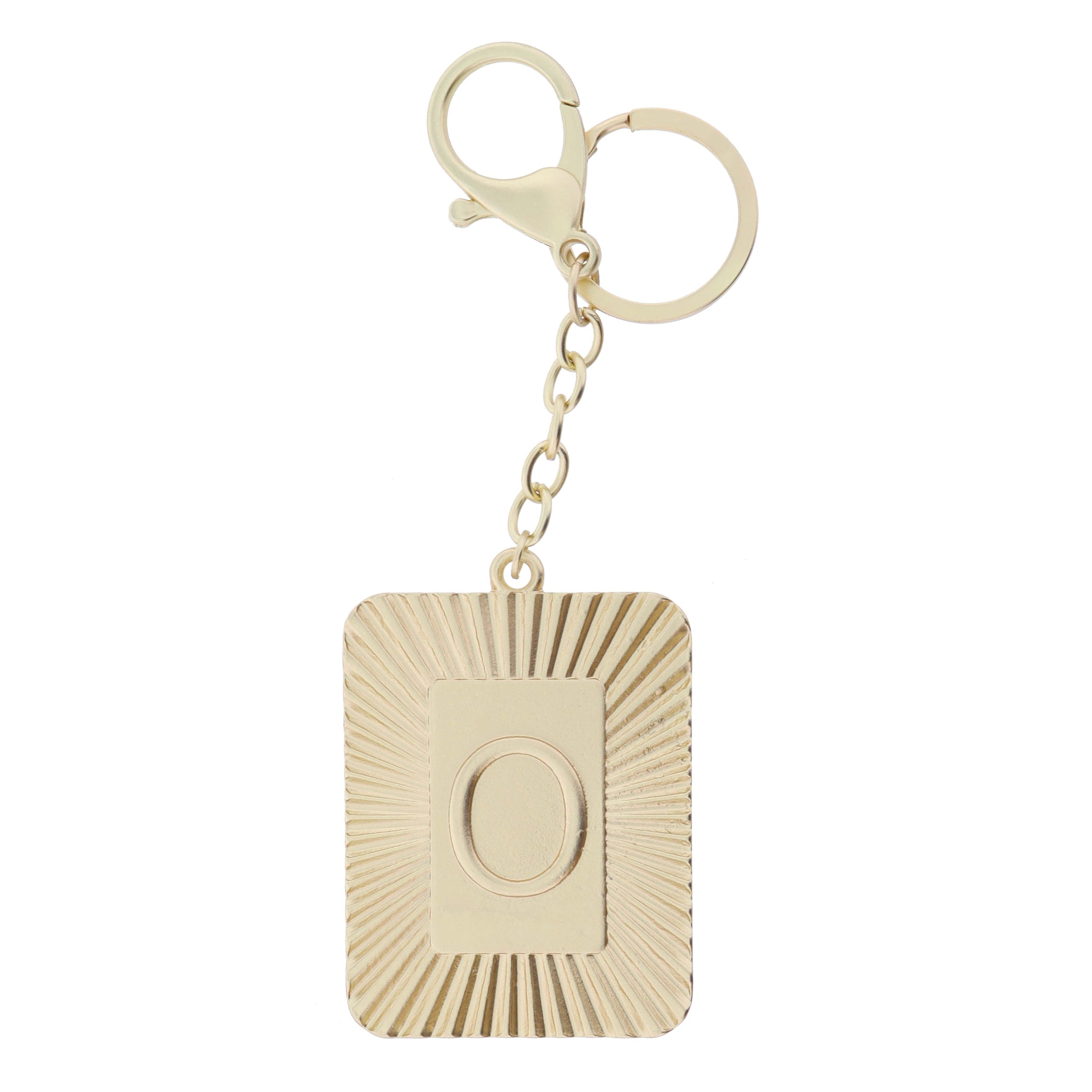 Gold Sunburst Textured Rectangle with "O" Initial Center Plate Keychain