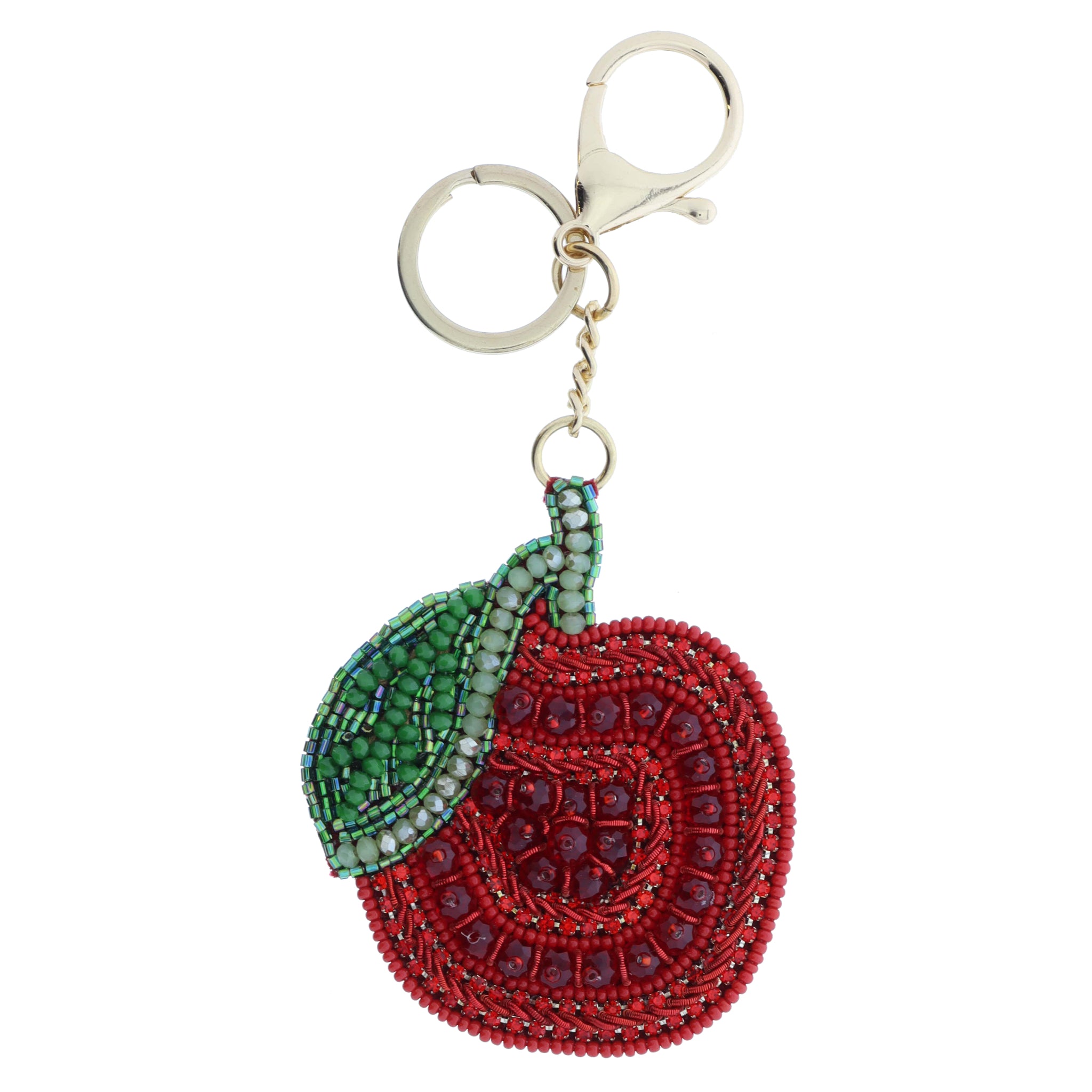 Green and Red Beaded and Crystal Accented Apple Keychain