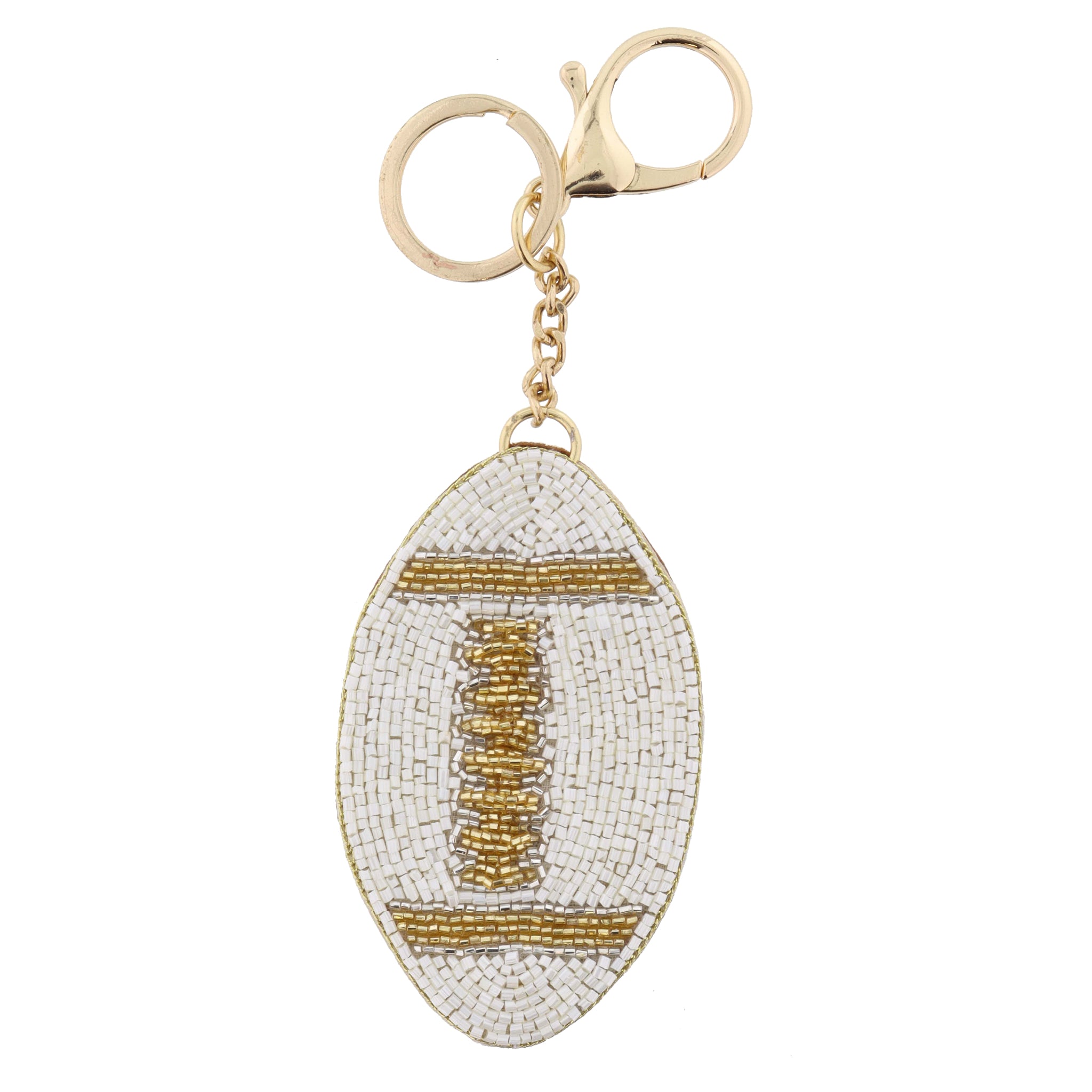 White, Black, Gold Beaded Football Keychain