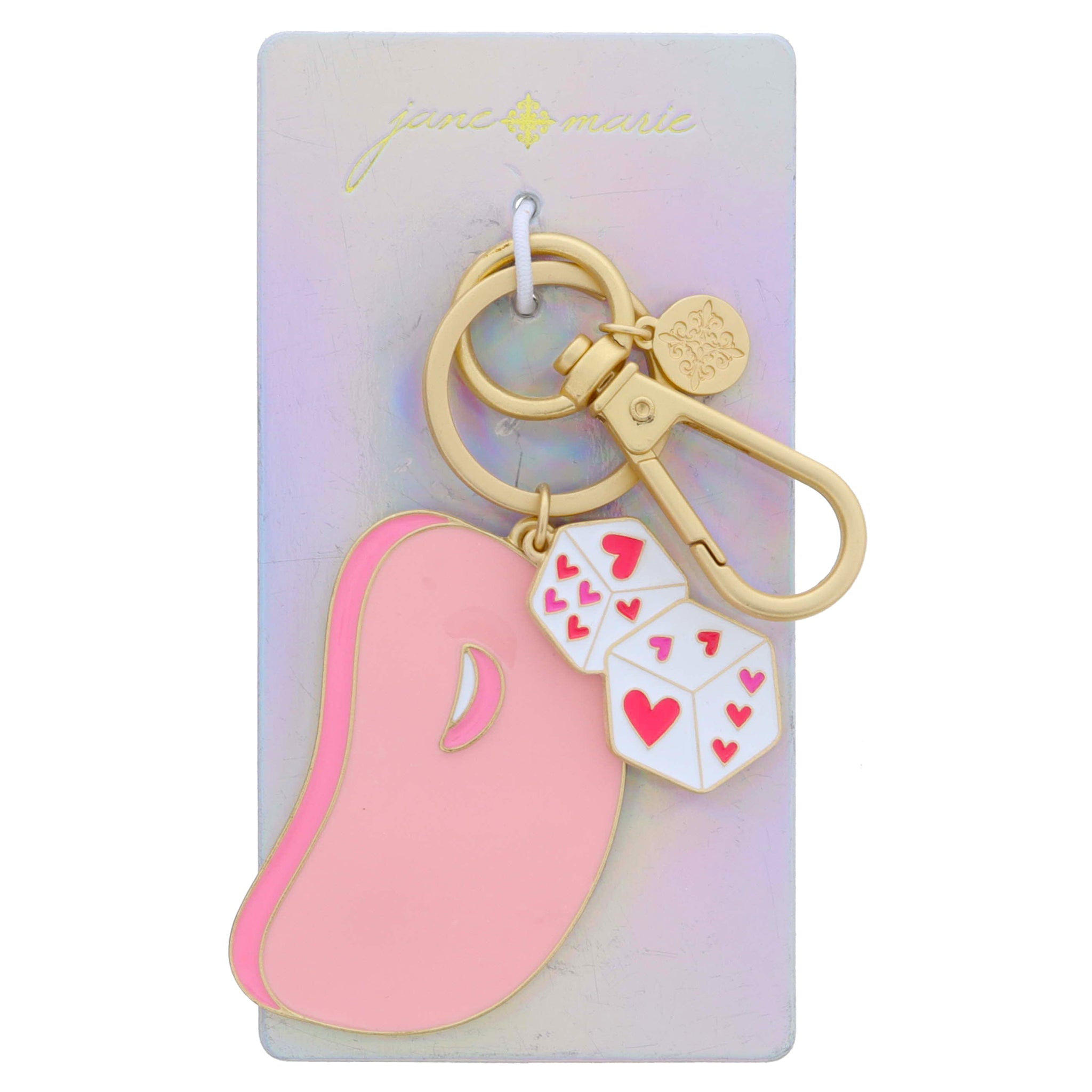 Multi Pink Enamel Retro Bubble "D" with Enamel Multi Pink Heart Dice Charm Keychain, 2", 1.25" Top to Bottom