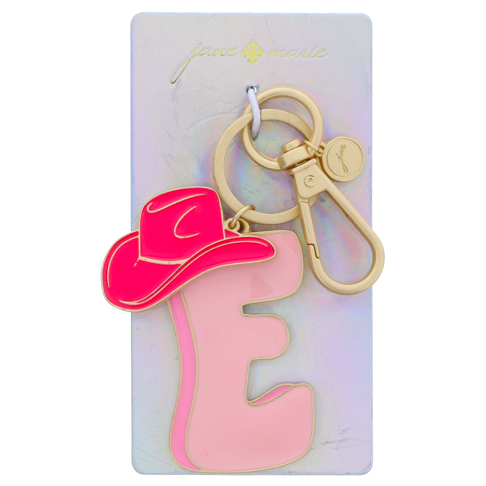 Multi Pink Enamel Retro Bubble "E" with Enamel Hot Pink Cowgirl Hat Charm Keychain, 2", 1.25" Top to Bottom