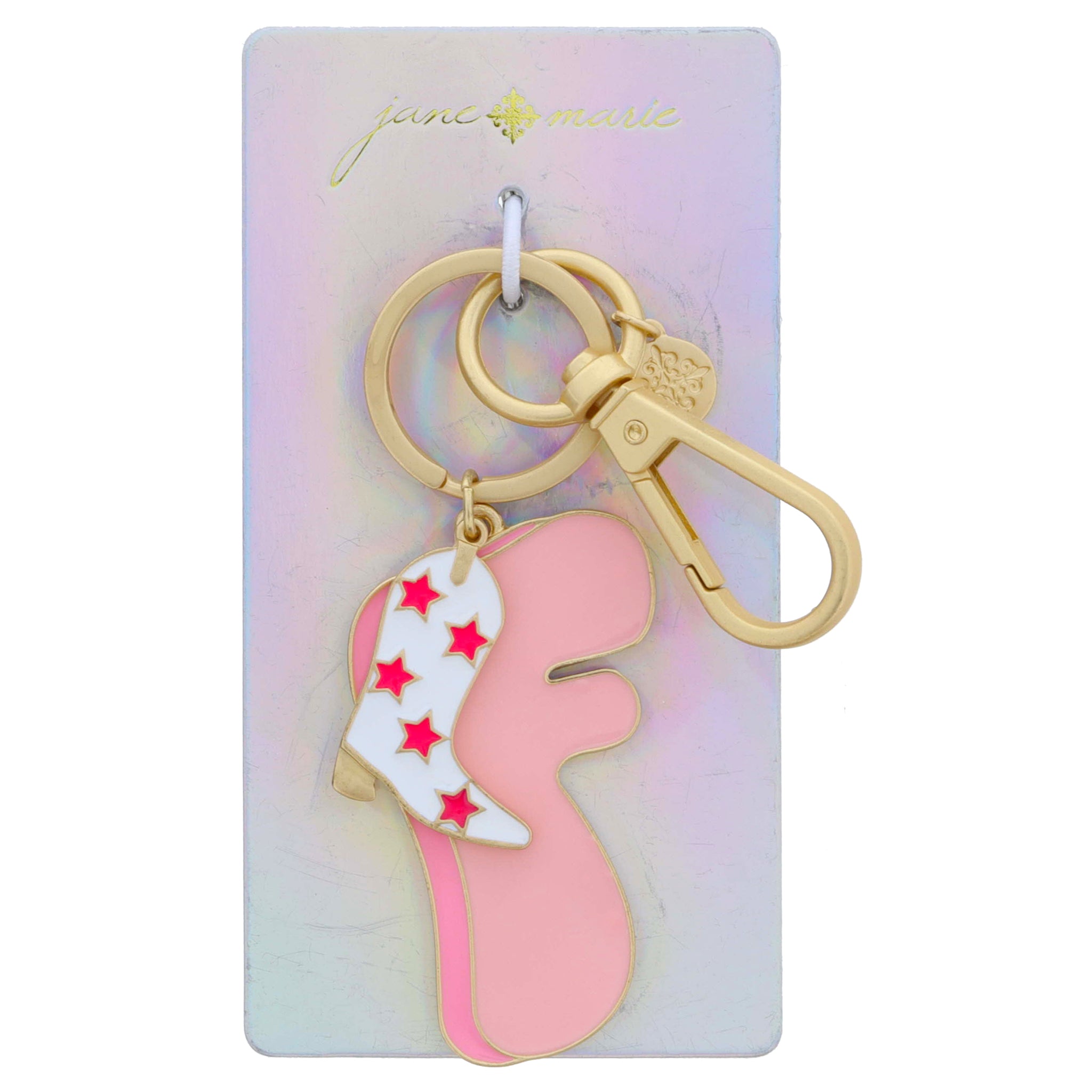 Multi Pink Enamel Retro Bubble "F with Enamel Hot Pink Star Boot Charm Keychain, 2", 1.15" Top to Bottom