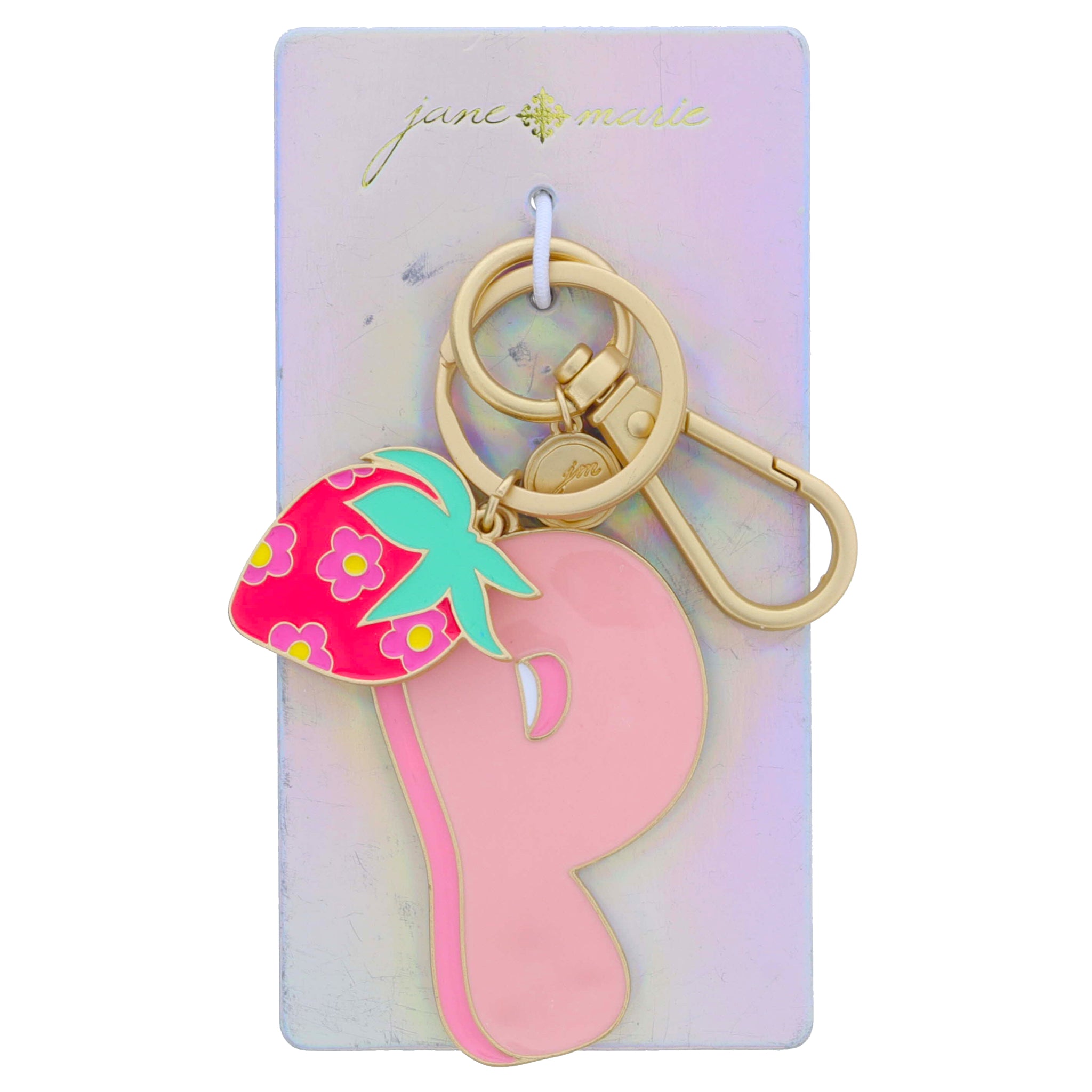 Multi Pink Enamel Retro Bubble "P" with Multi Enamel Floral Strawberry Charm Keychain, 2", 1.25" Top to Bottom