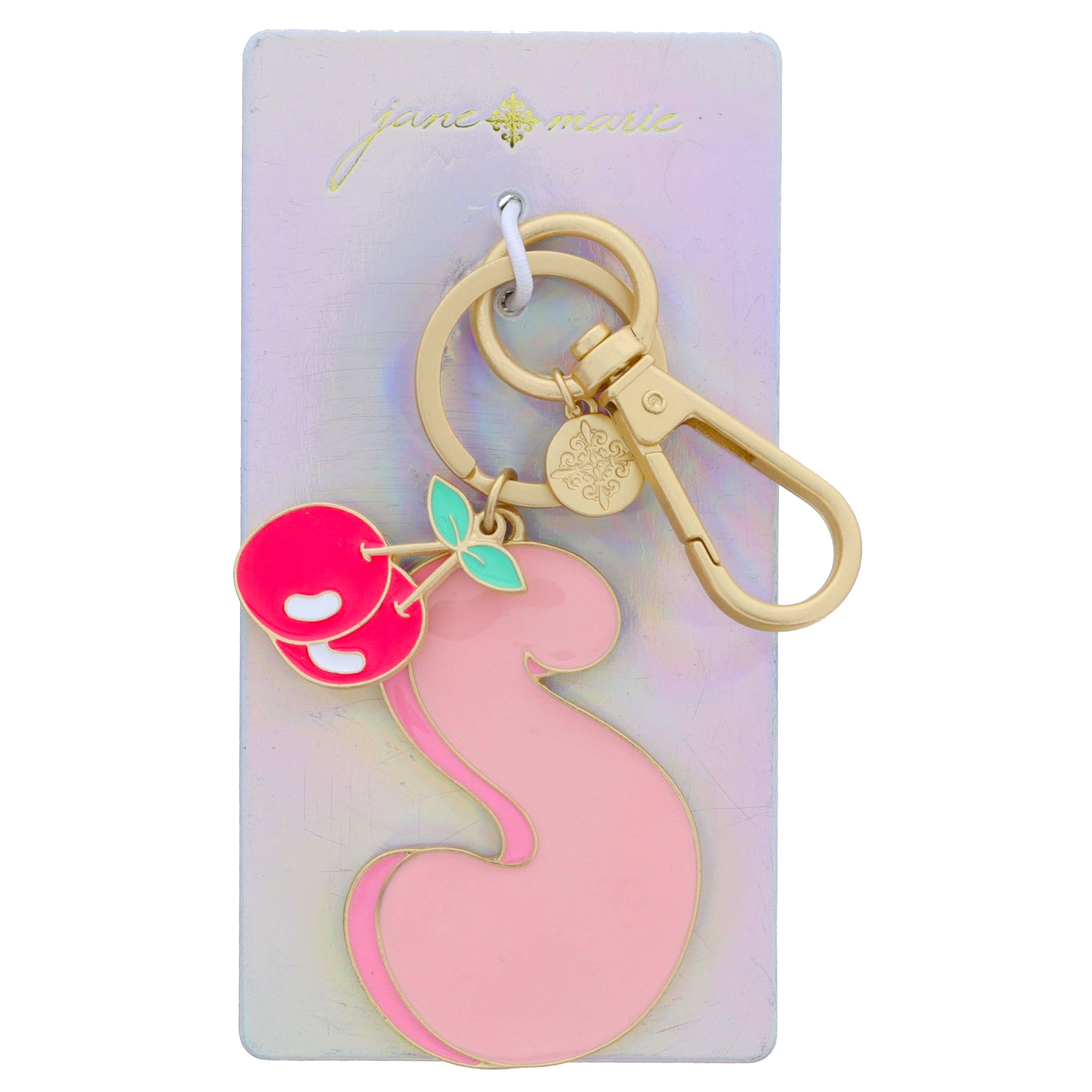 Multi Pink Enamel Retro Bubble "S" with Hot Pink Enamel Cherries Charm Keychain, 2", 1" Top to Bottom