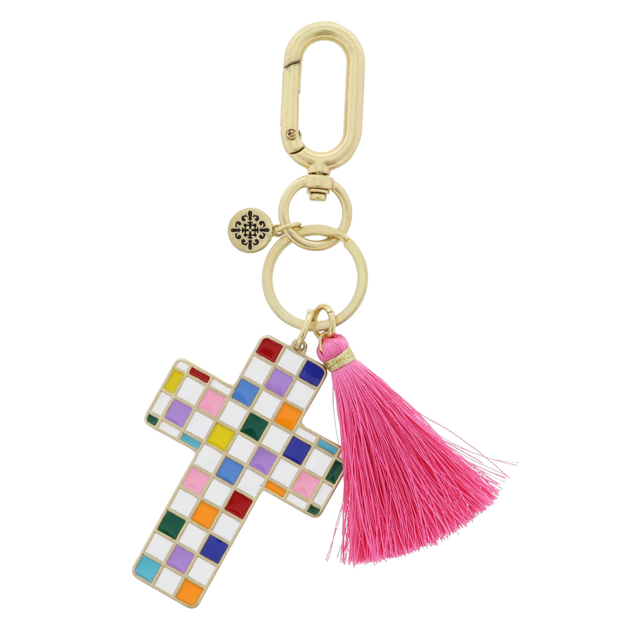 Multi and White Enamel Checkered Cross, Large Hot Pink Tassel Keychain, 2.5", 2" Top to Bottom