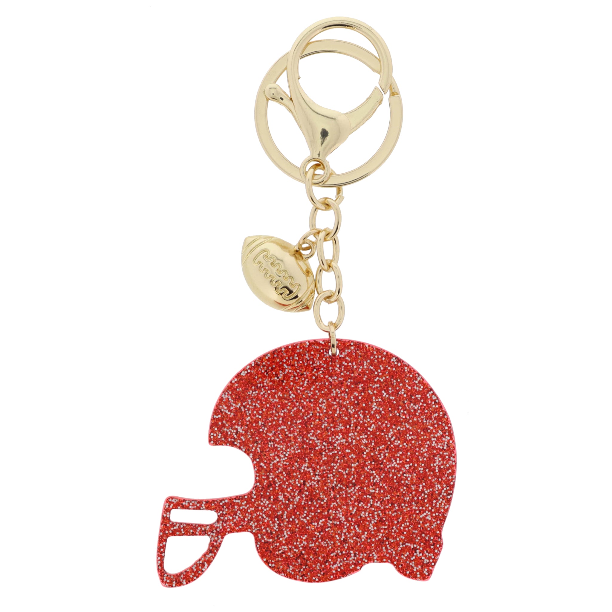 Gold Football Charm & Crimson Red Glitter Acrylic Football Helmet Keychain, .5", 2" Top To Bottom