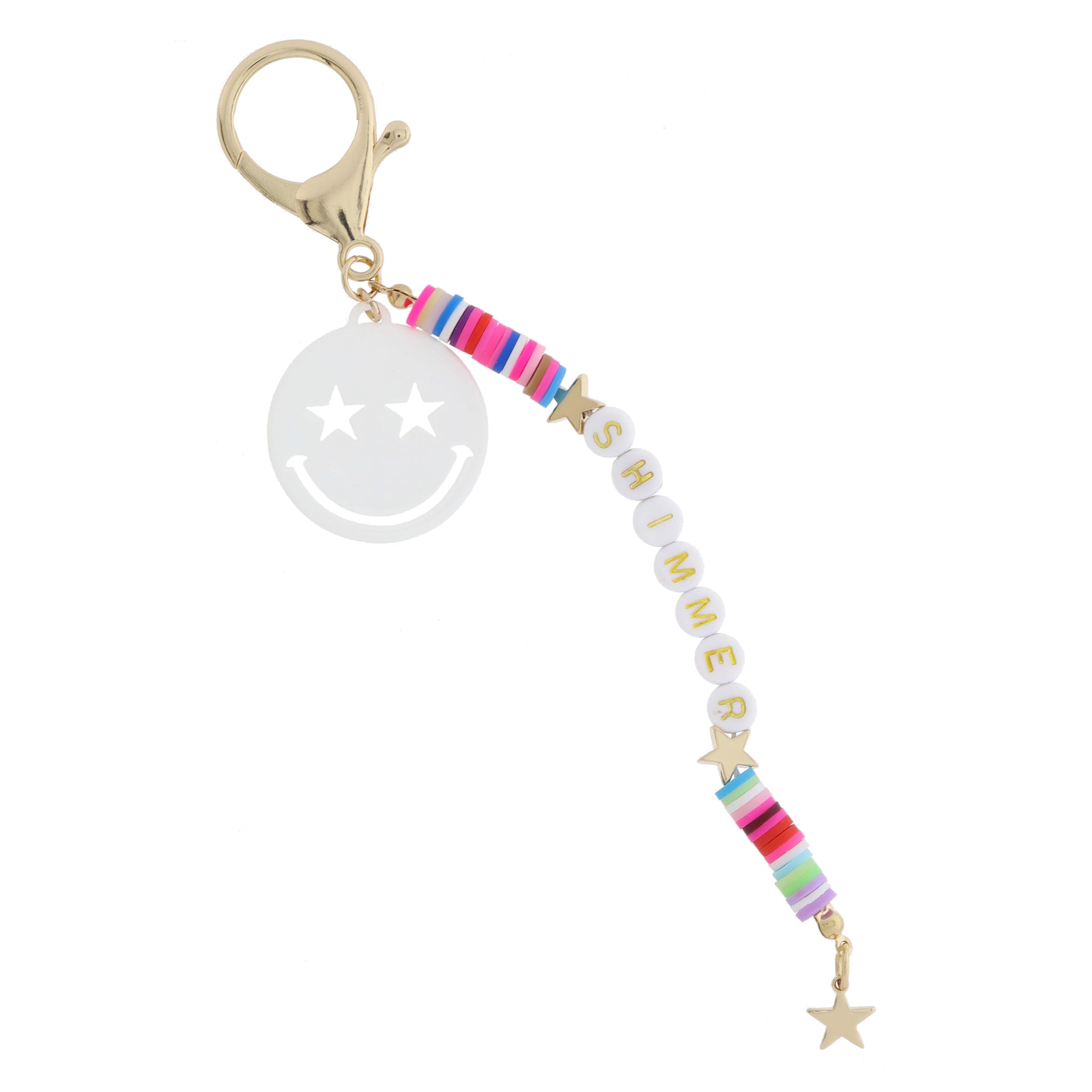 Multi Rubber Sequin with "SHIMMER" and Gold Stars, White Star Eyed Happy Face Keychain