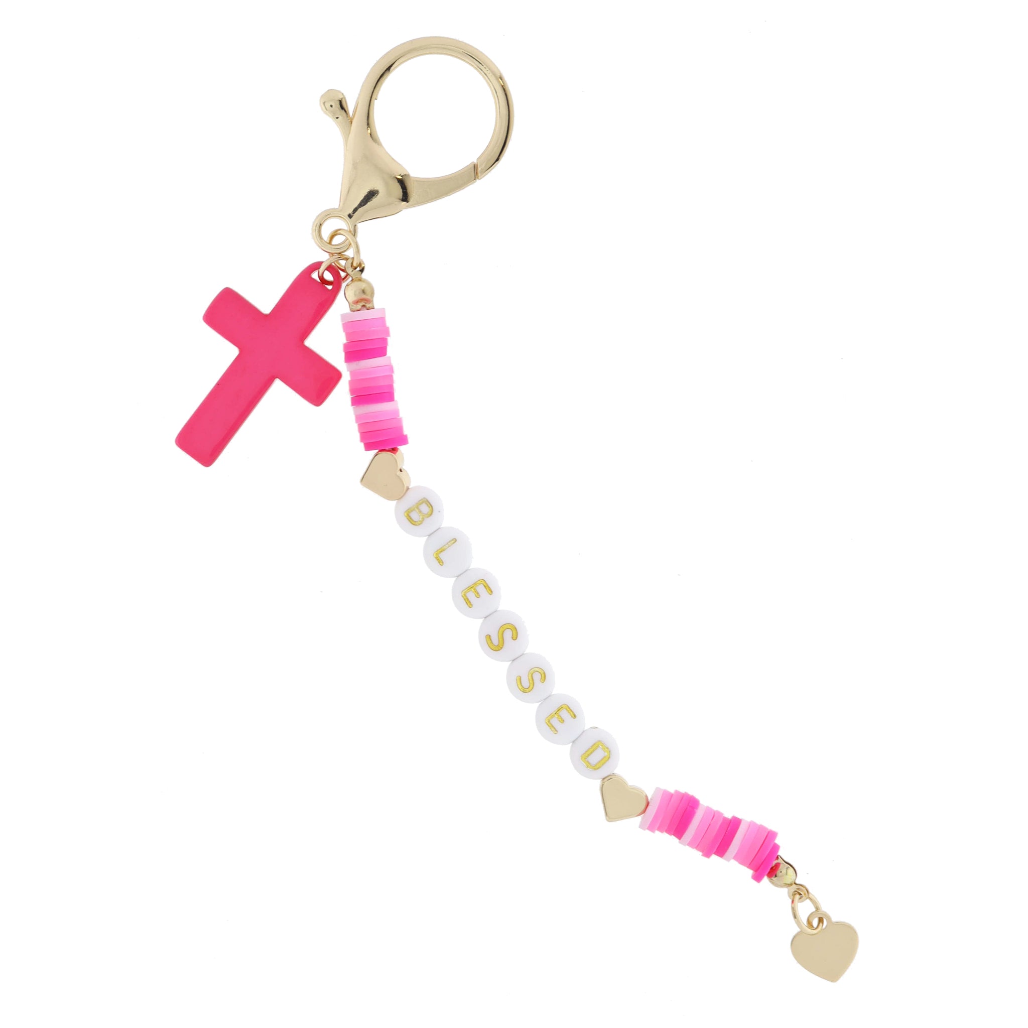 Multi Pink Rubber Sequin "BLESSED" and Gold Hearts, Hot Pink Cross Keychain