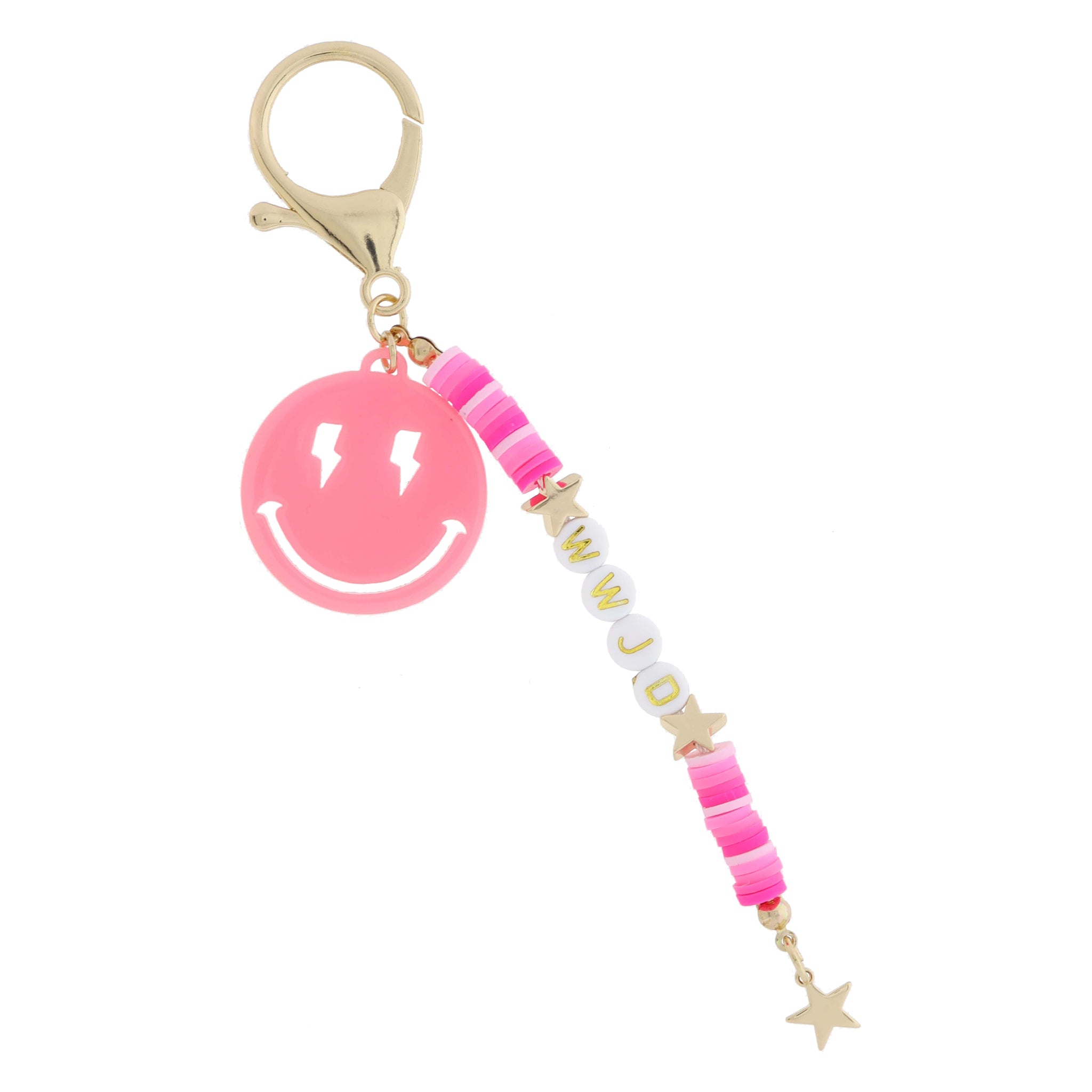 Multi Pink Rubber Sequin "WWJD" and Gold Stars, Pink Lightning Eyed Happy Face Keychain