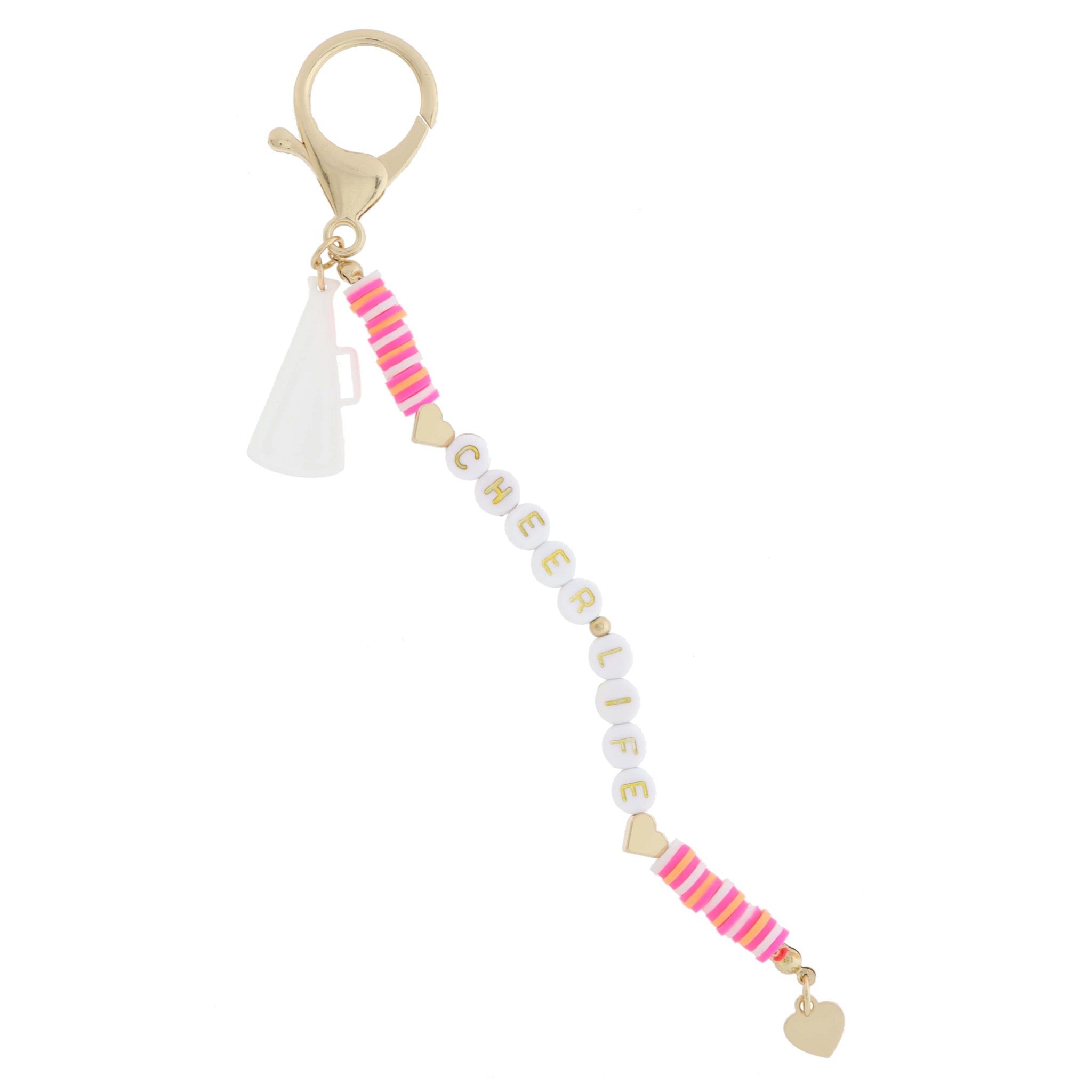 Multi Pink and Orange Rubber Sequin with "CHEER LIFE" and Gold Hearts, White Megaphone Keychain