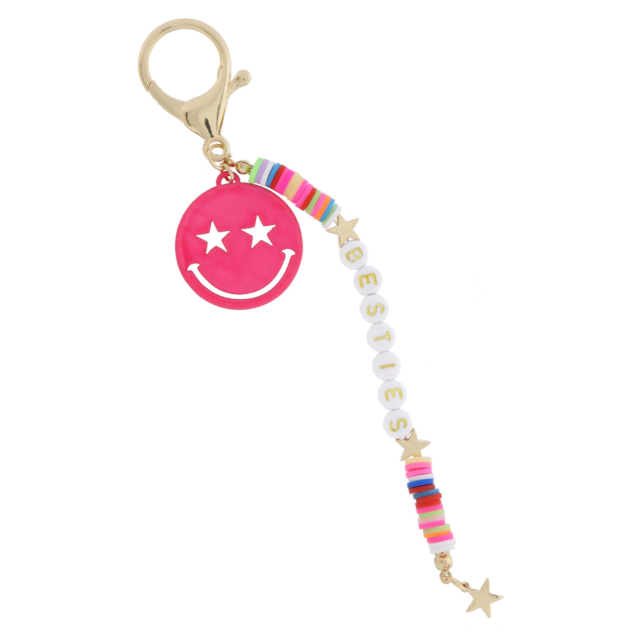 Multi Rubber Sequin with "BESTIES" and Gold Stars, Hot Pink Star Eyed Happy Face Keychain