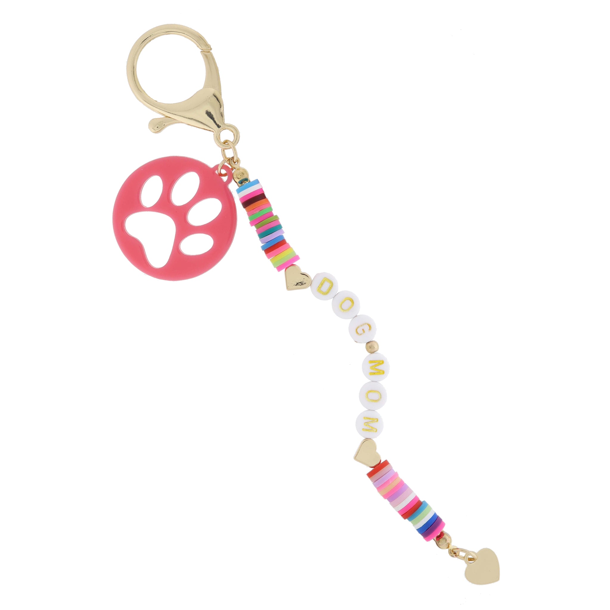 Multi Rubber Sequin with "DOG MOM" and Gold Hearts, Pink Paw Print Disc Keychain