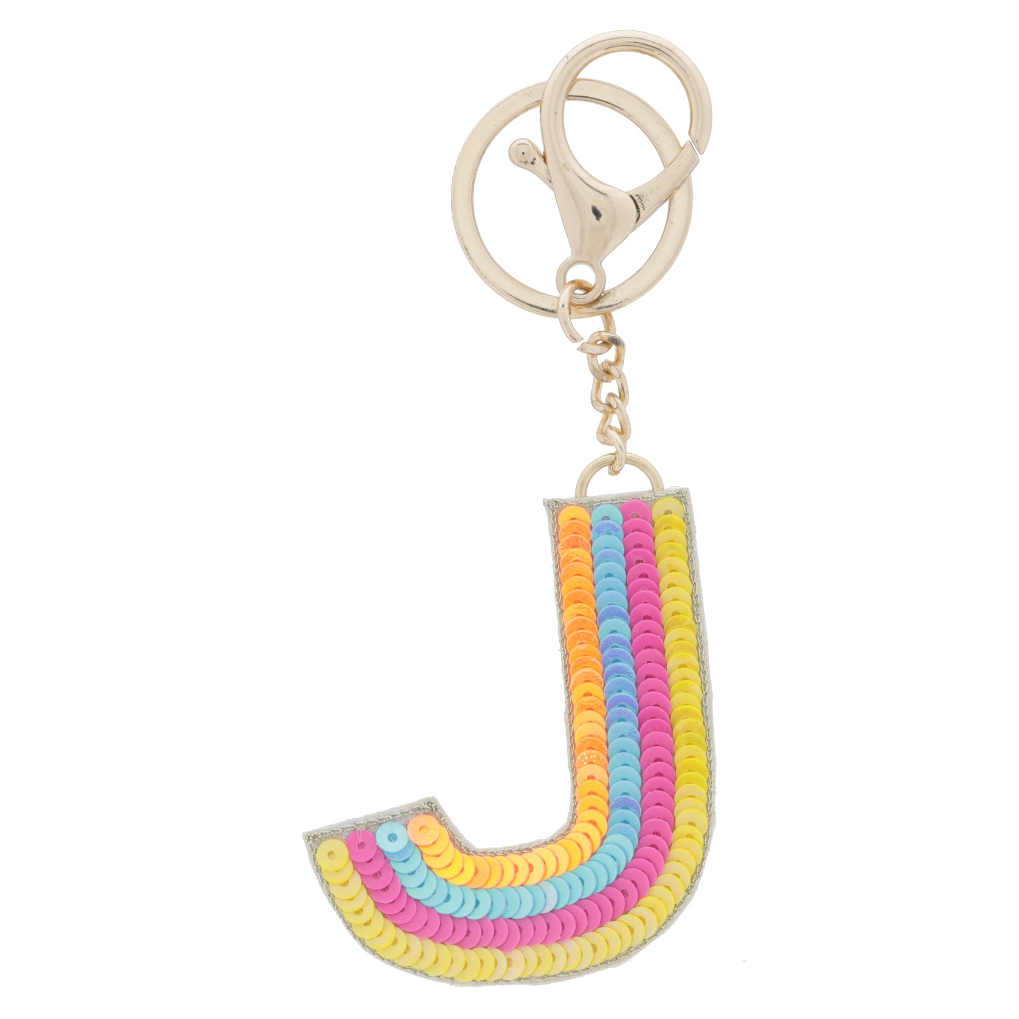 Multi Yellow, Hot Pink, Blue, Orange Sequin "J" Keychain