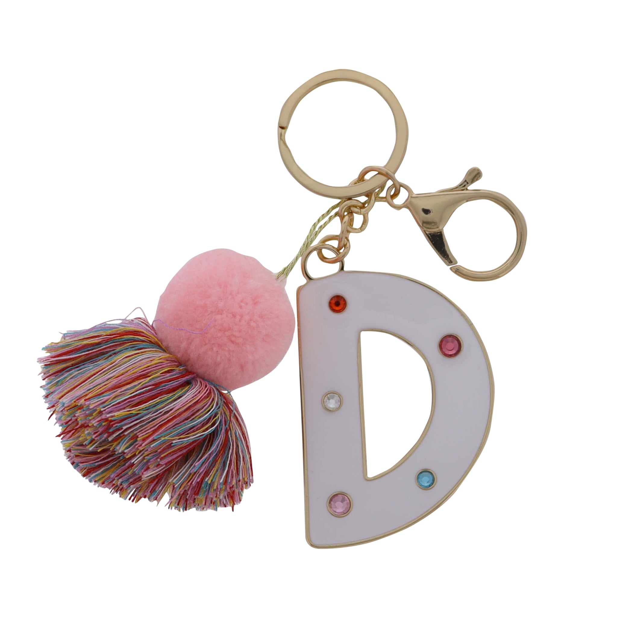 White Enamel "D" with Multi Crystals & Pom Tassel Keychain