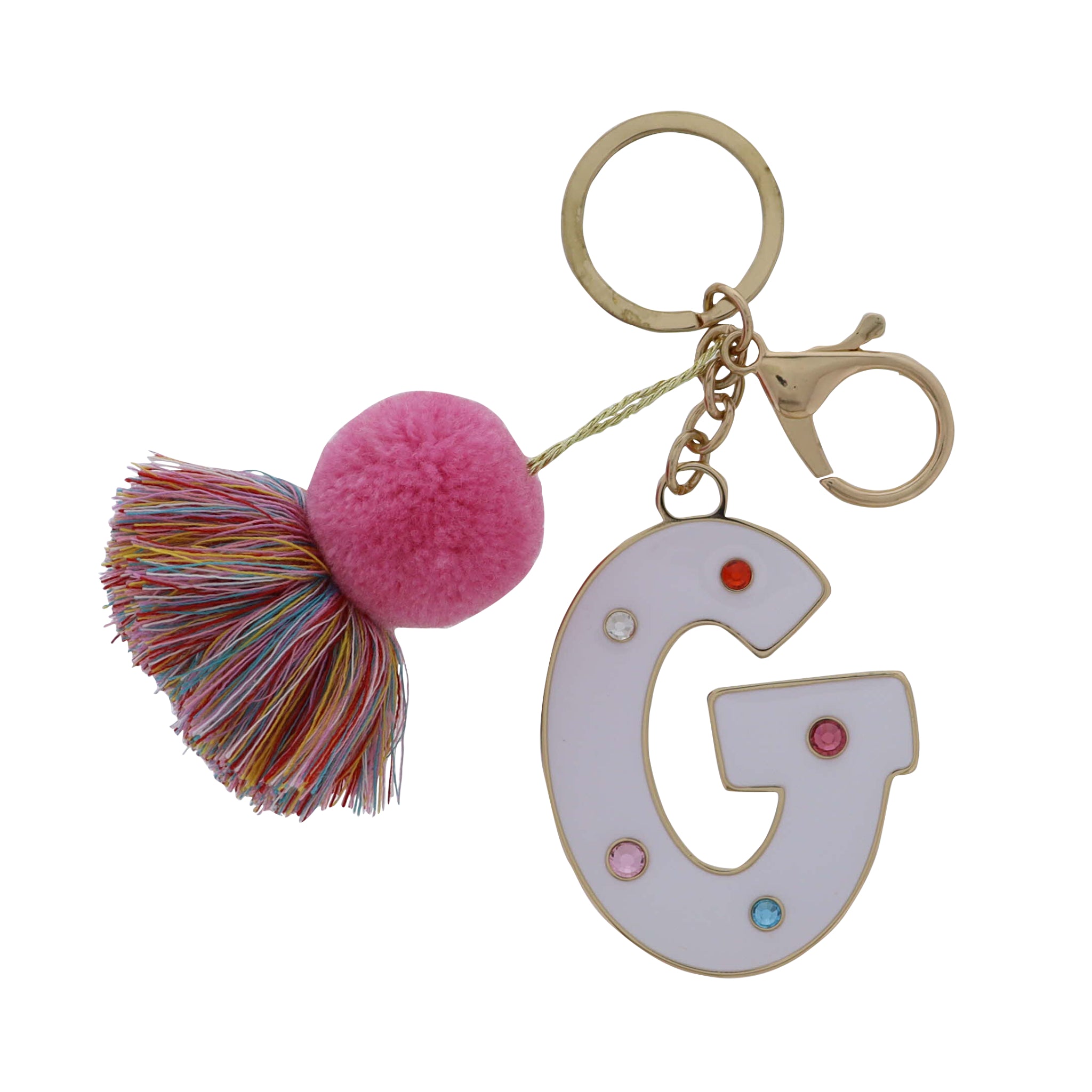 White Enamel "G" with Multi Crystals & Pom Tassel Keychain