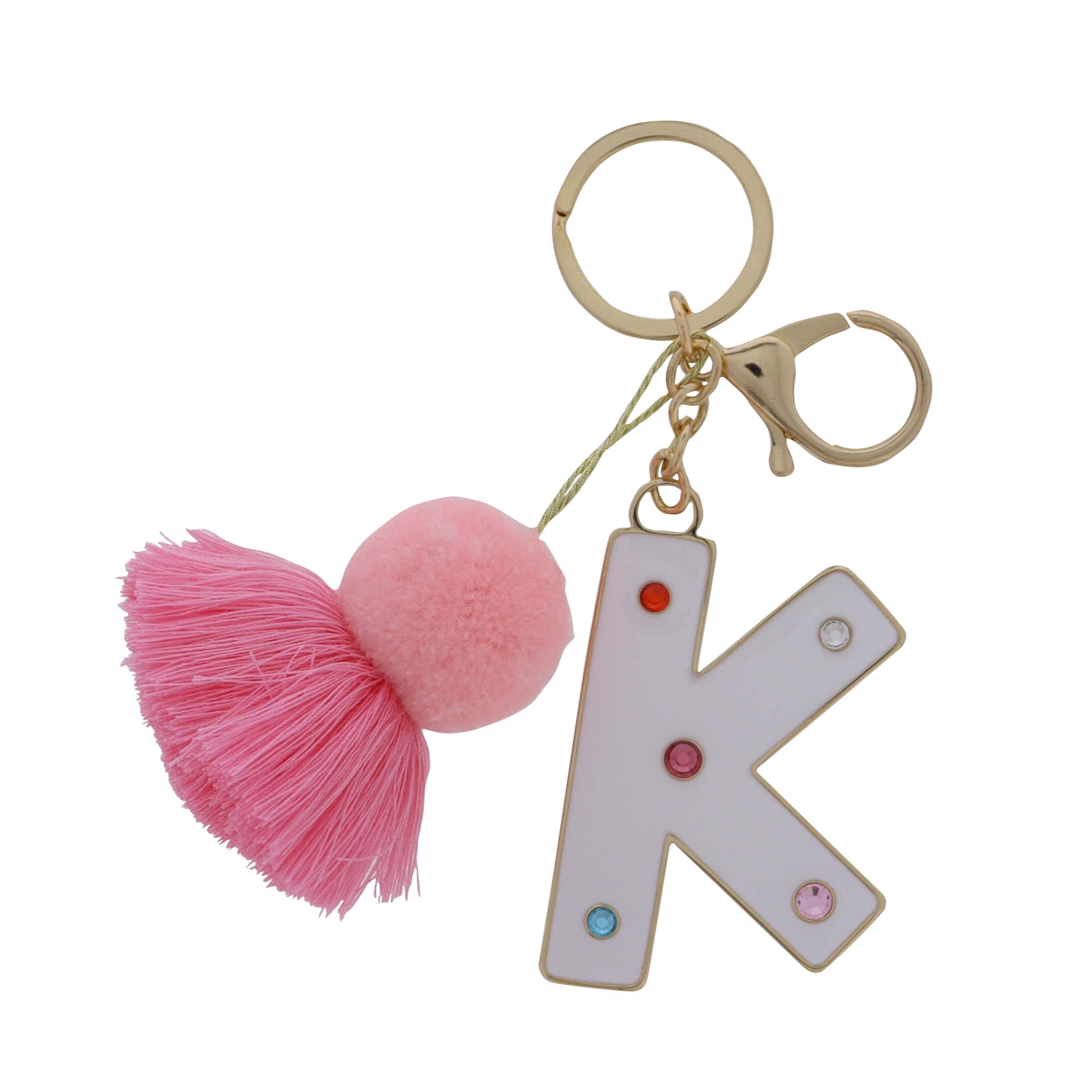 White Enamel "K" with Multi Crystals & Pom Tassel Keychain