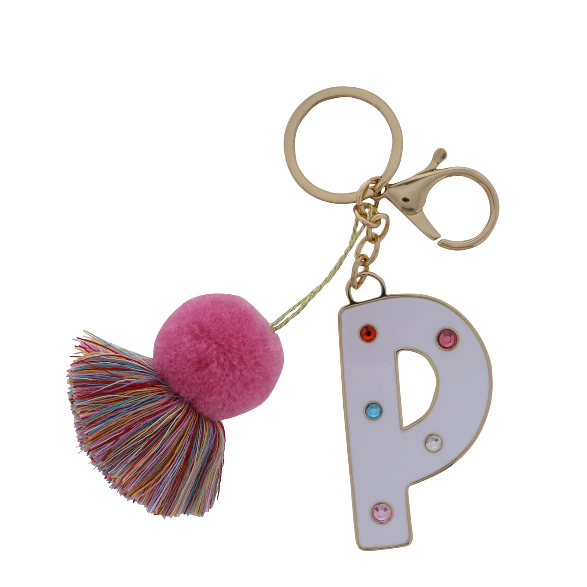 White Enamel "P" with Multi Crystals & Pom Tassel Keychain