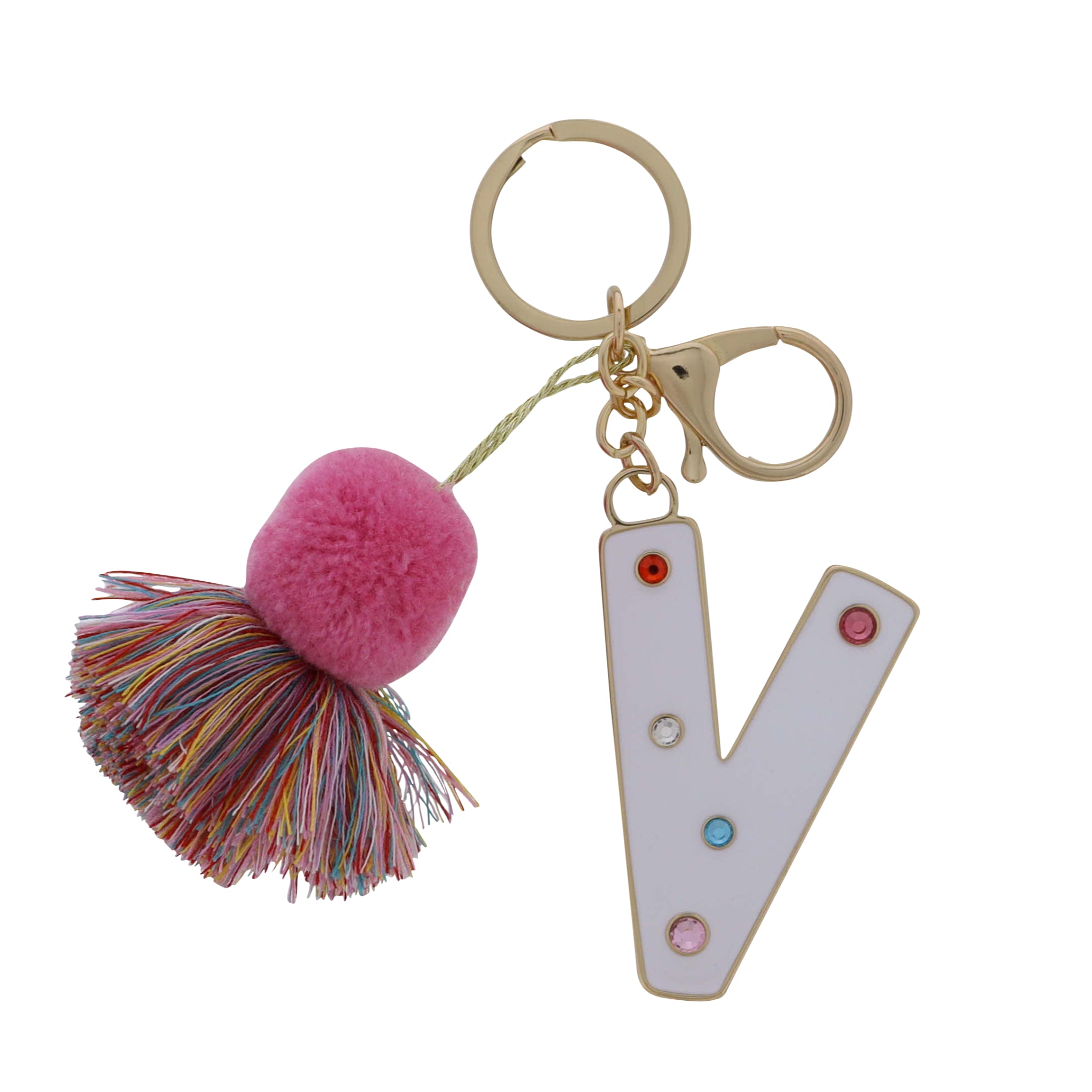 White Enamel "V" with Multi Crystals & Pom Tassel Keychain