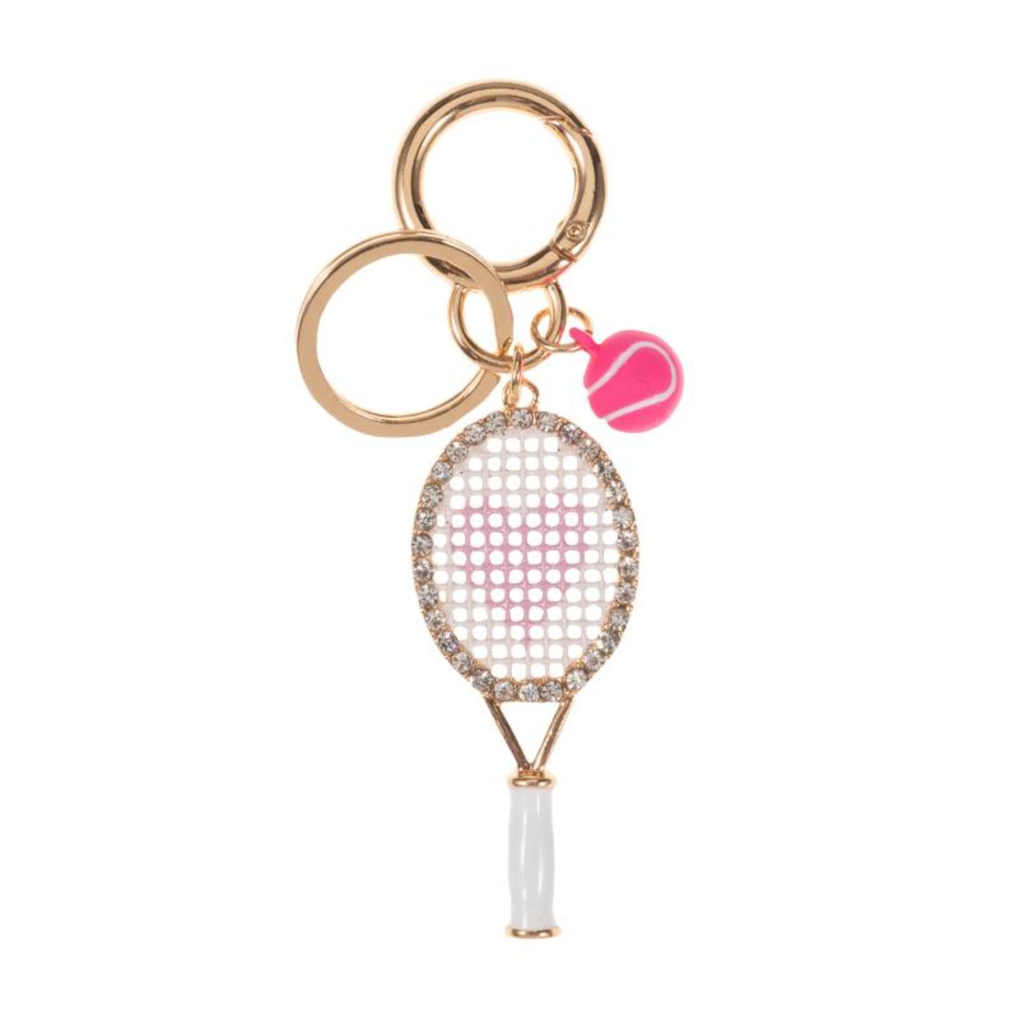Gold, Pink, White Tennis Racket Keychain with Pink Heart & Tennis Ball